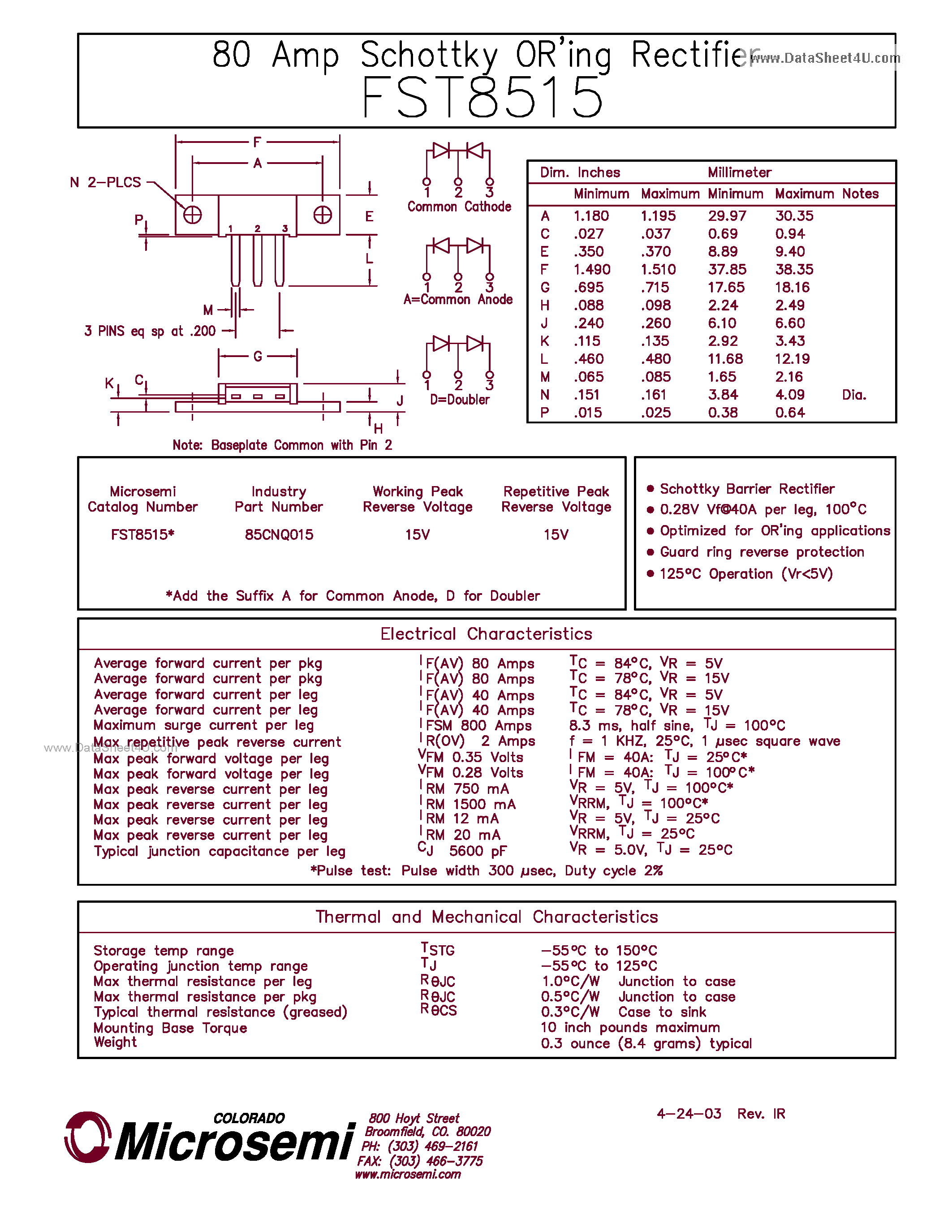Даташит на микросхему FST8515 страница 1 Даташит FST8515 - 80 Amp Schottky OR ing Rectifier страница 1