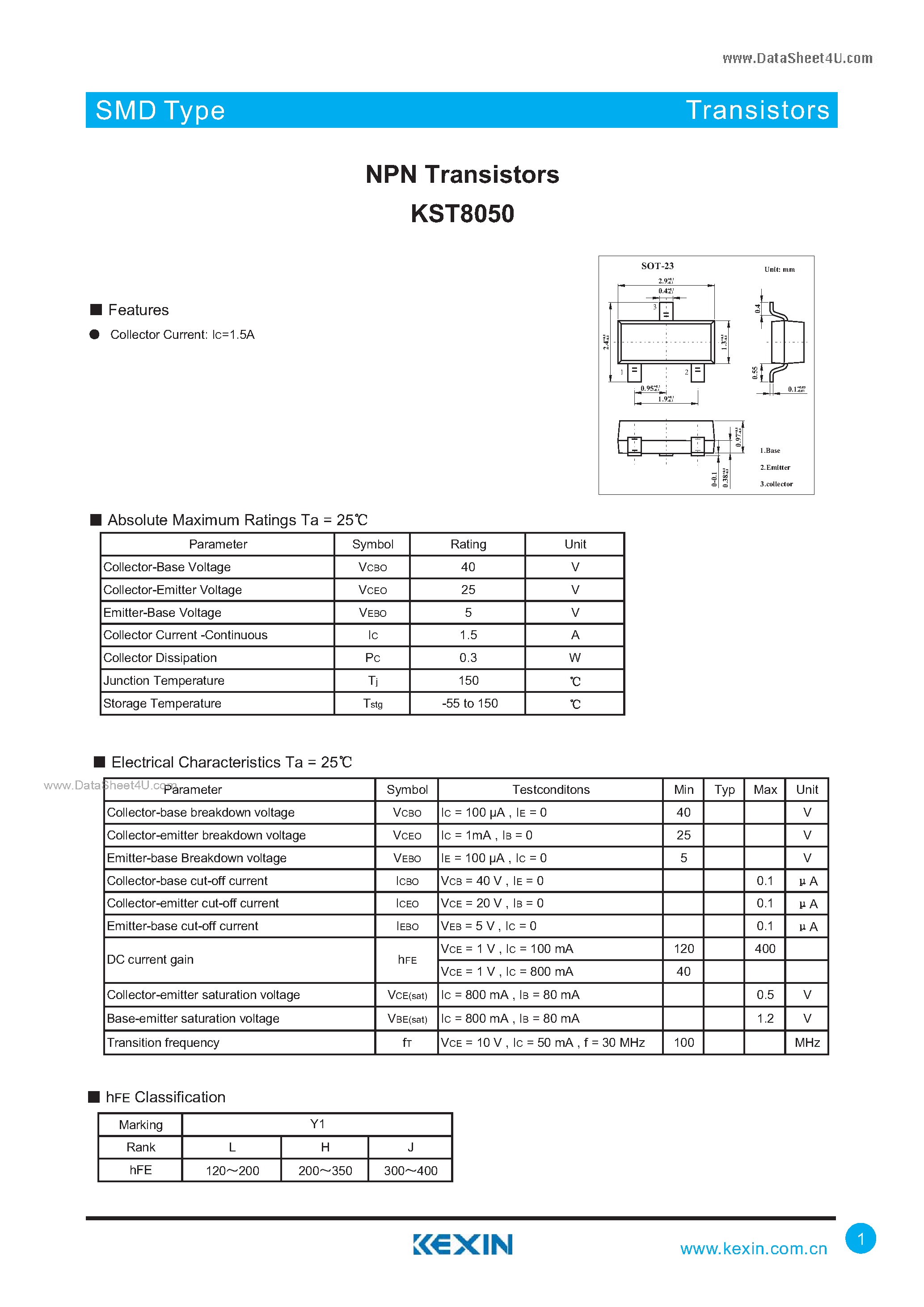 Даташит на микросхему KST8050 страница 1 Даташит KST8050 - NPN Transistors страница 1