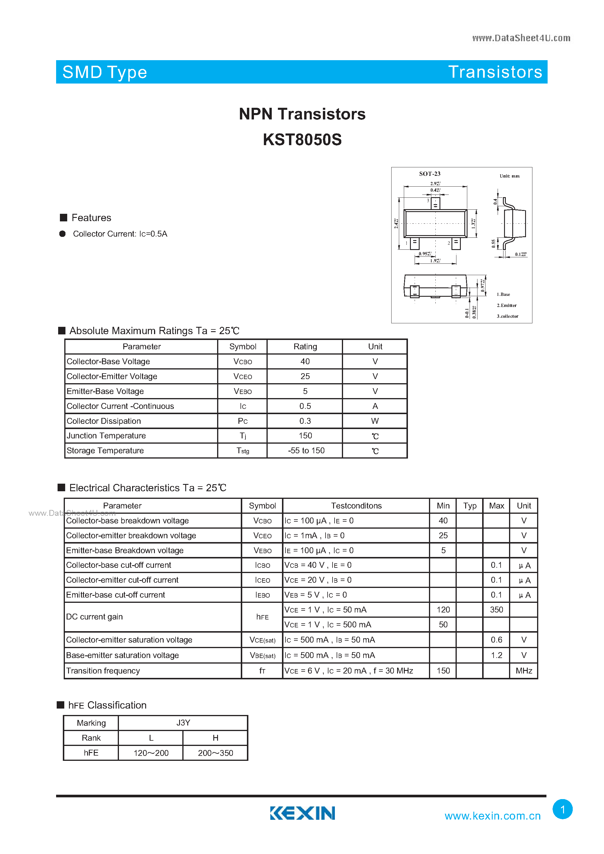Даташит на микросхему KST8050S страница 1 Даташит KST8050S - NPN Transistors страница 1