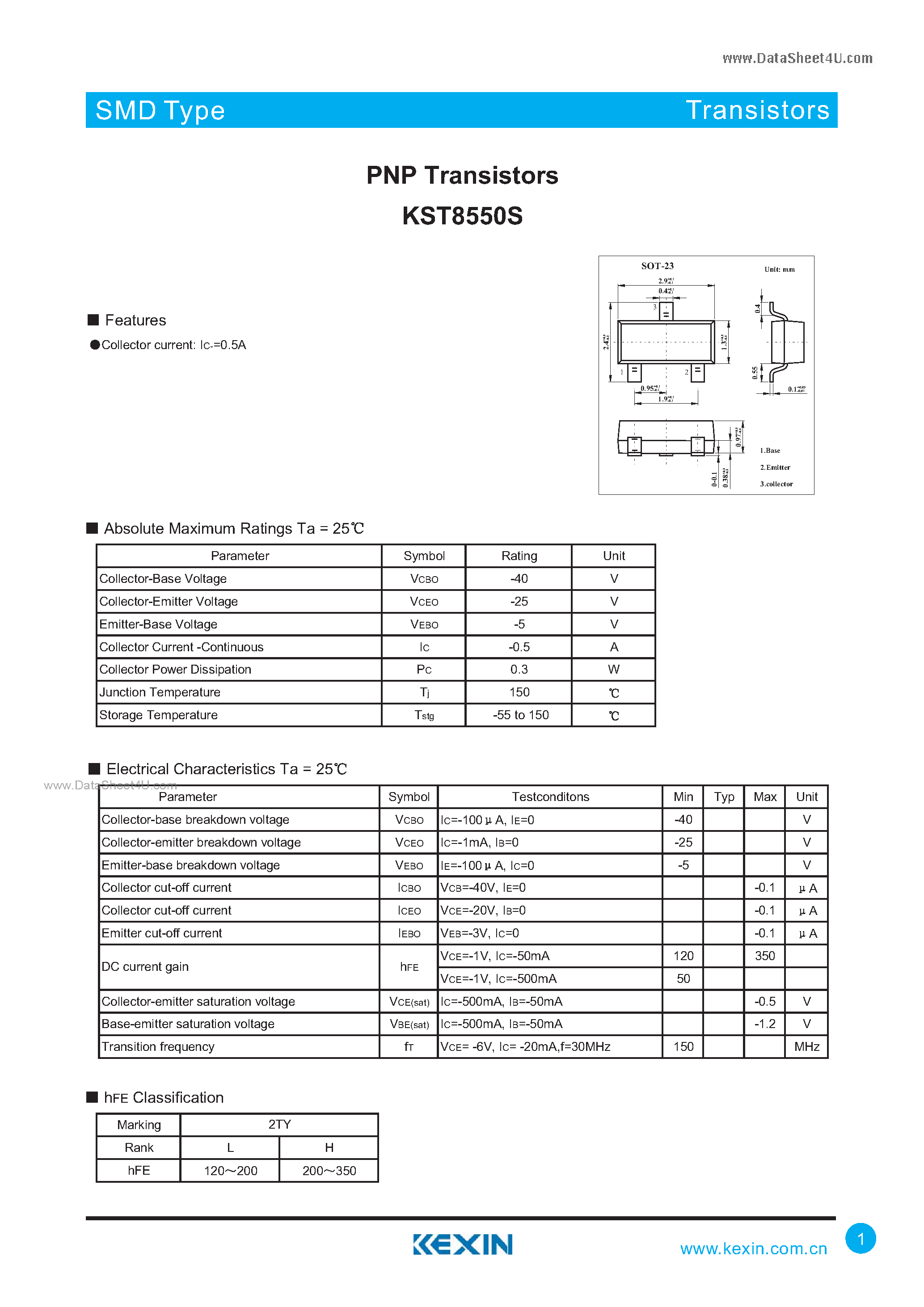 Даташит на микросхему KST8550S страница 1 Даташит KST8550S - PNP Transistors страница 1