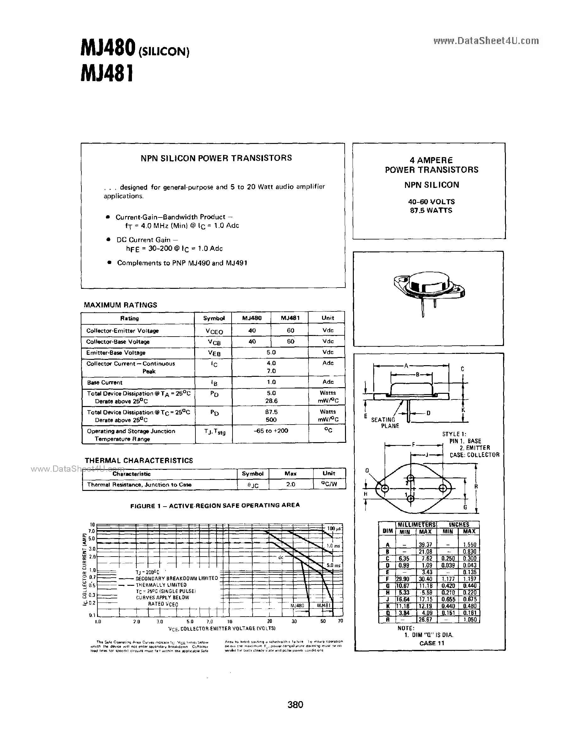 Даташит MJ480 - (MJ480 / MJ481) NPN Silicon Transistors страница 1