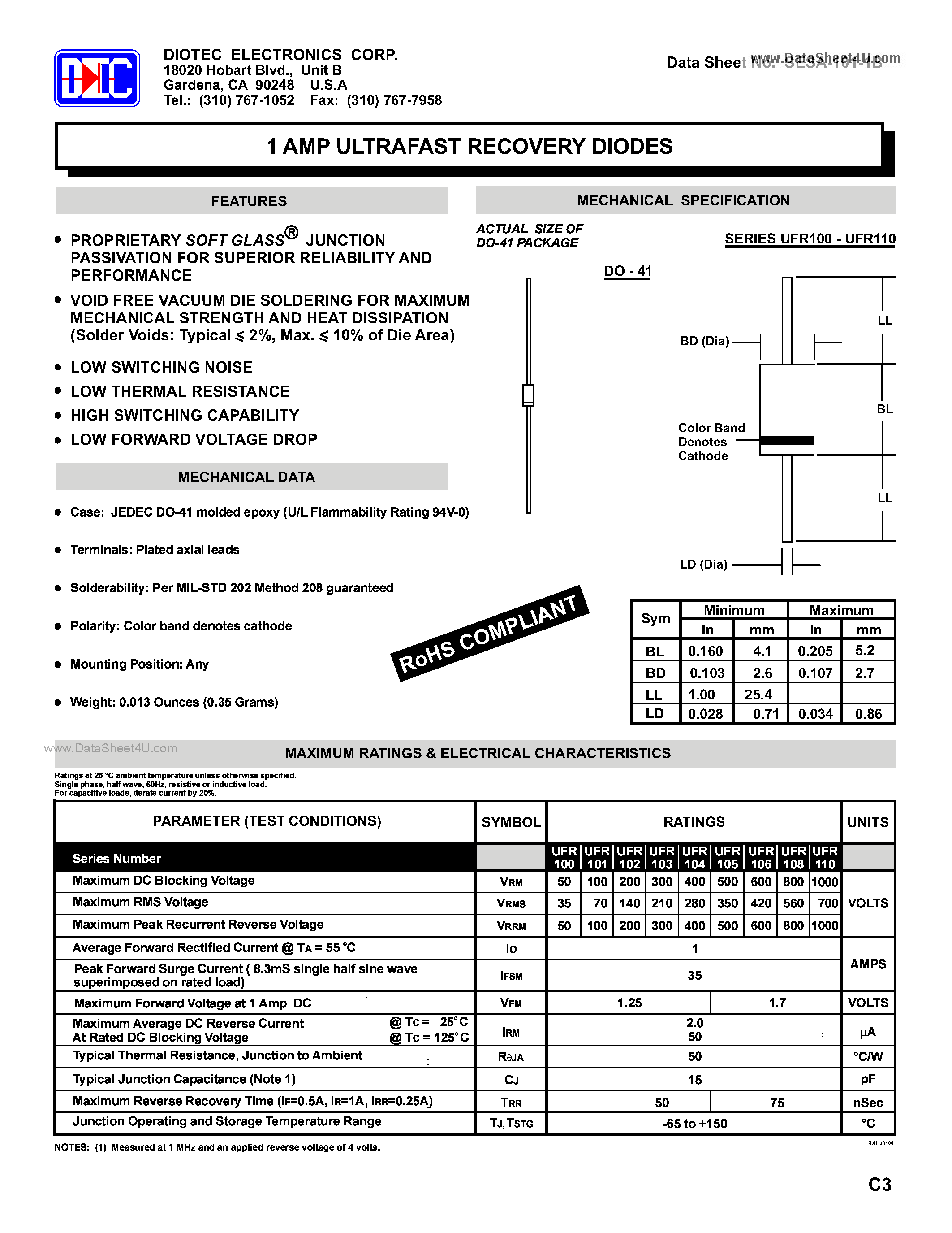 Datasheet UFR100 page 1 Datasheet UFR100 - (UFR100 - UFR110) 1 AMP ULTRAFAST RECOVERY DIODES page 1