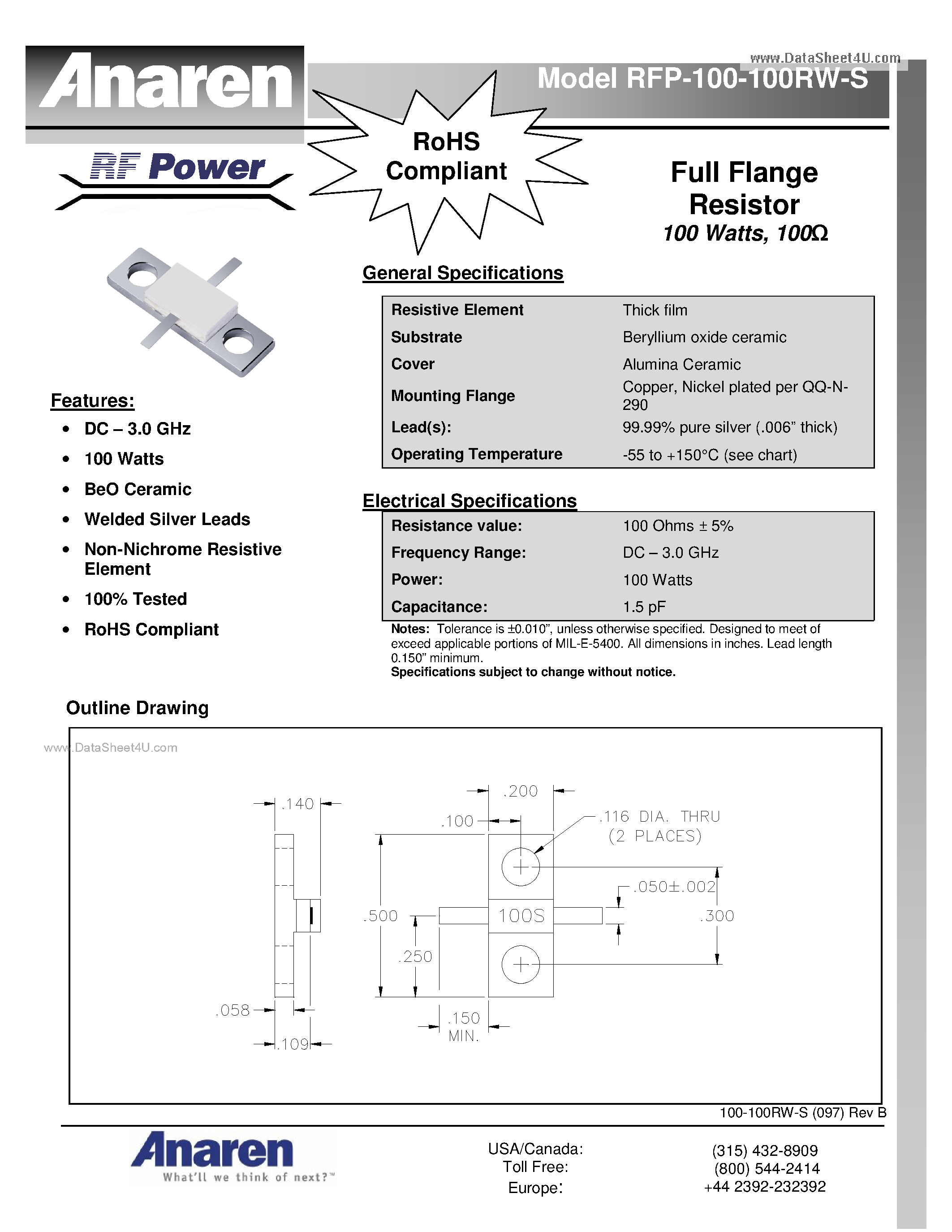 Datasheet RFP-100-100RW-S - Flanged Resistors page 1