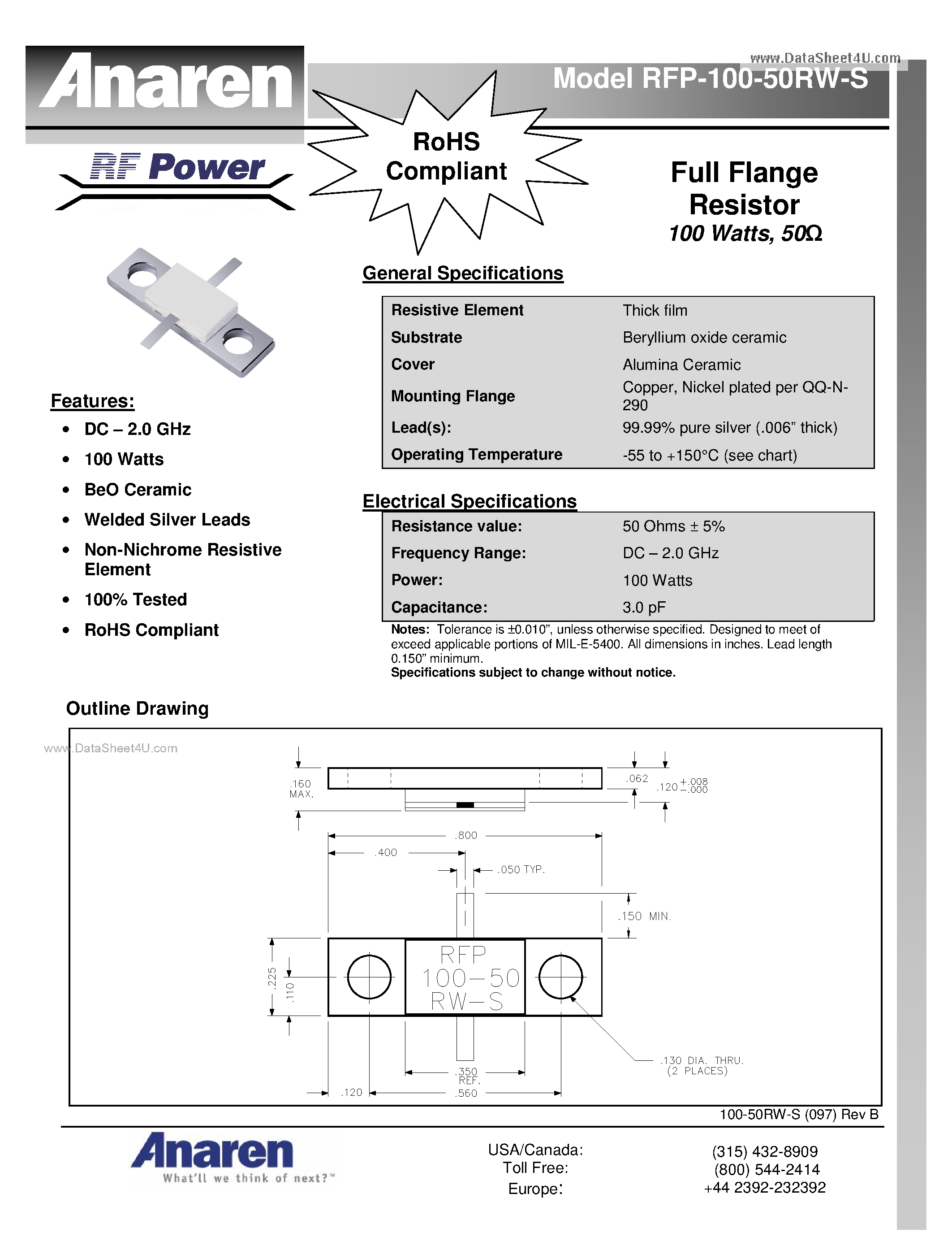 Datasheet RFP-100-50RW-S - Flanged Resistors page 1