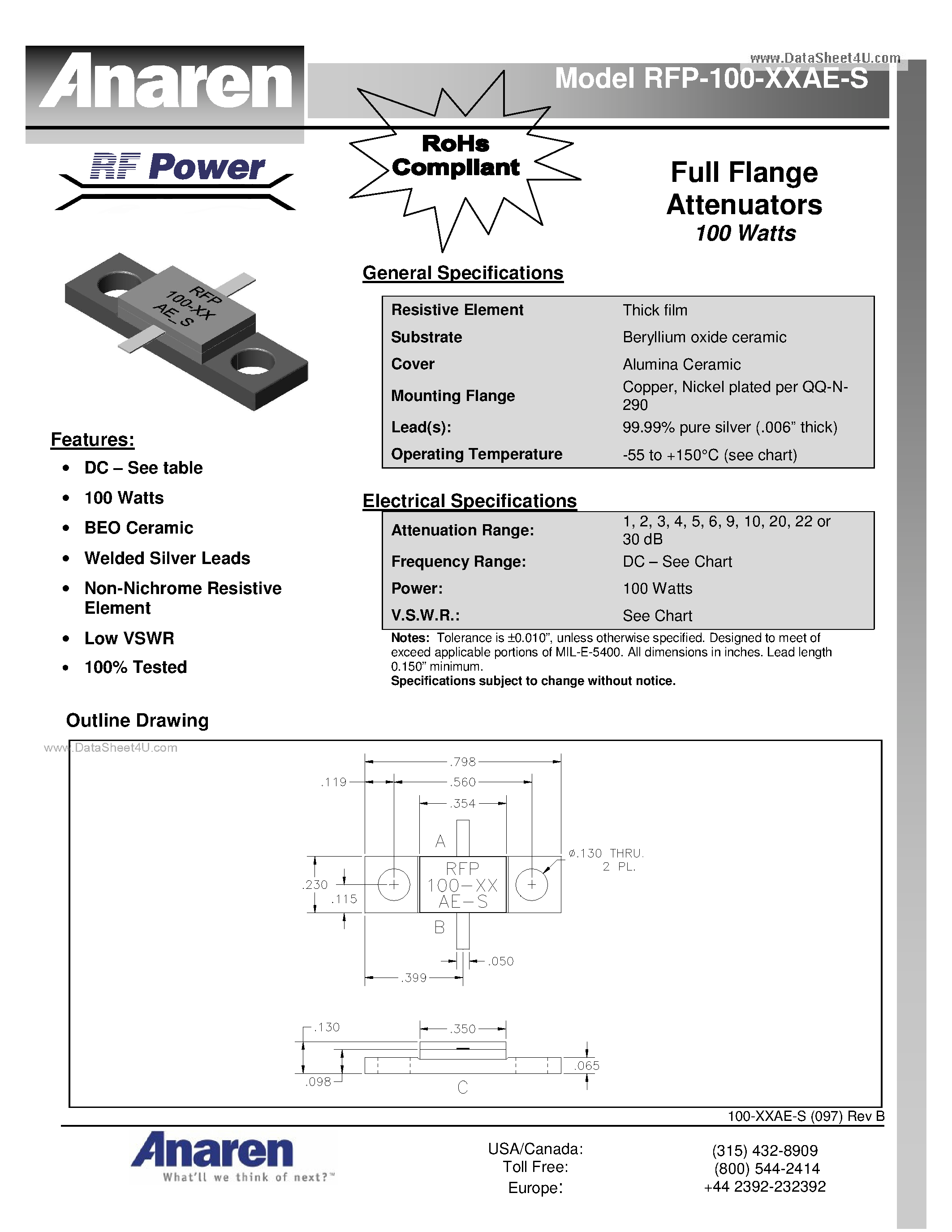 Datasheet RFP-100-30AE-S - Flanged Attenuators page 1