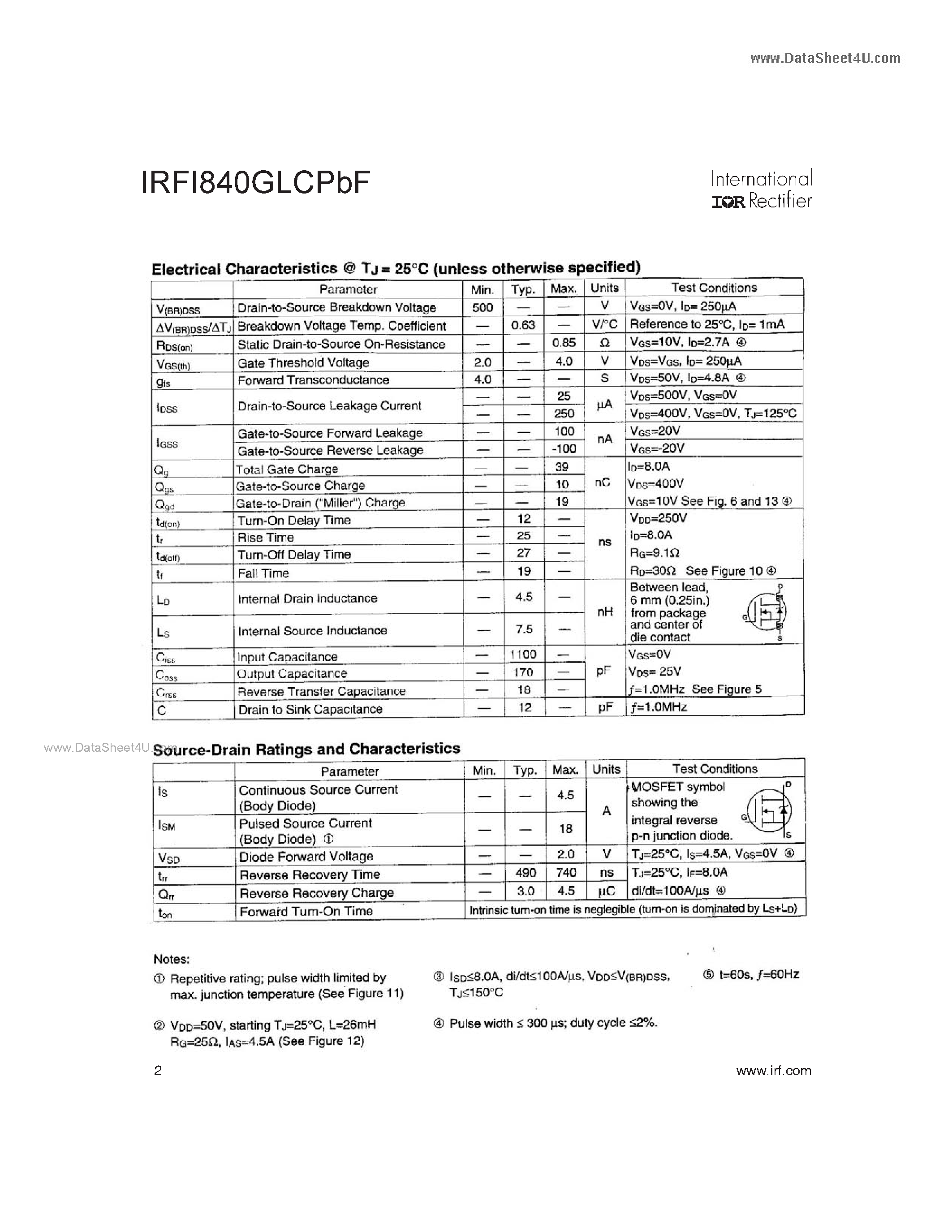 Datasheet IRFI840GLCPBF - HEXFET Power MOSFET page 2