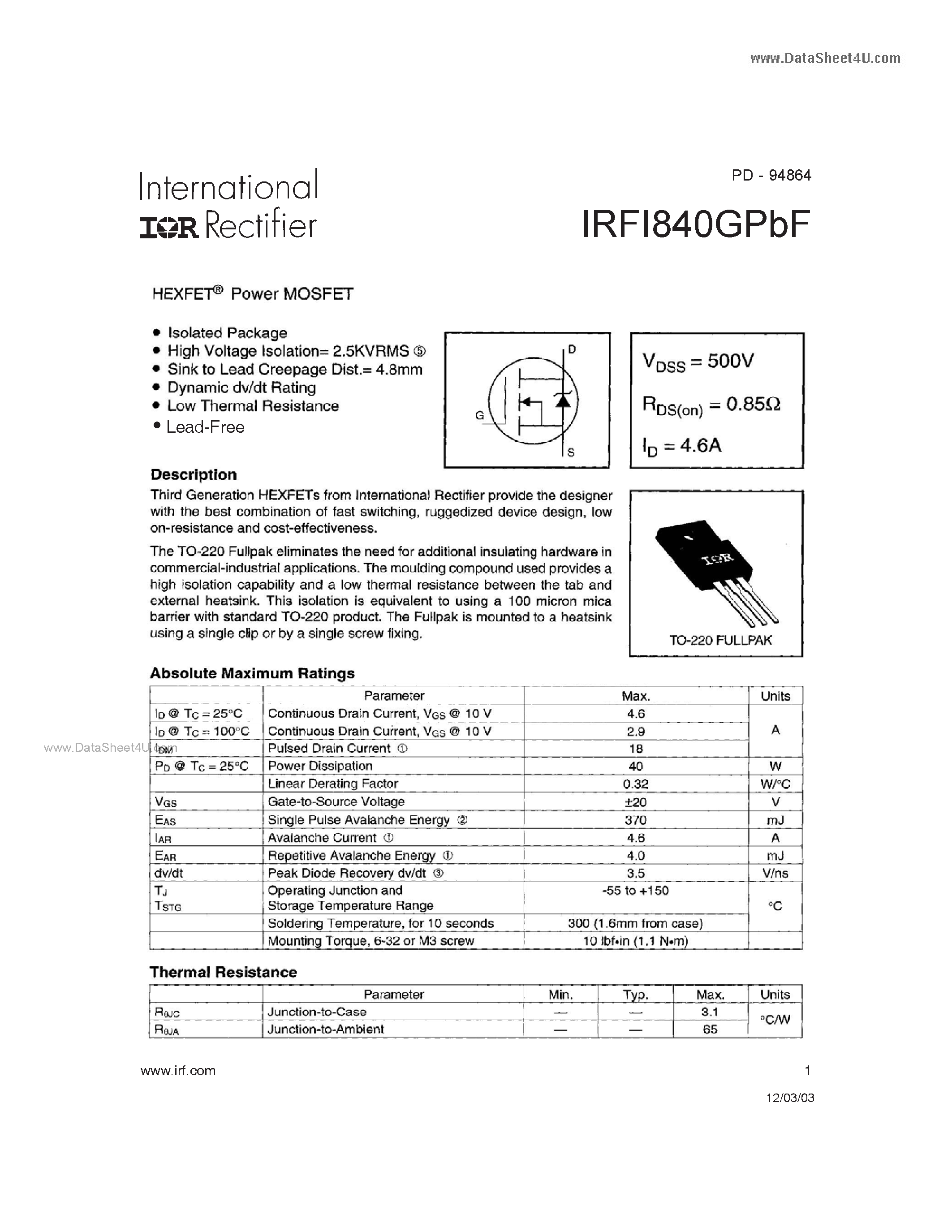 Datasheet IRFI840GPBF - Power MOSFET page 1