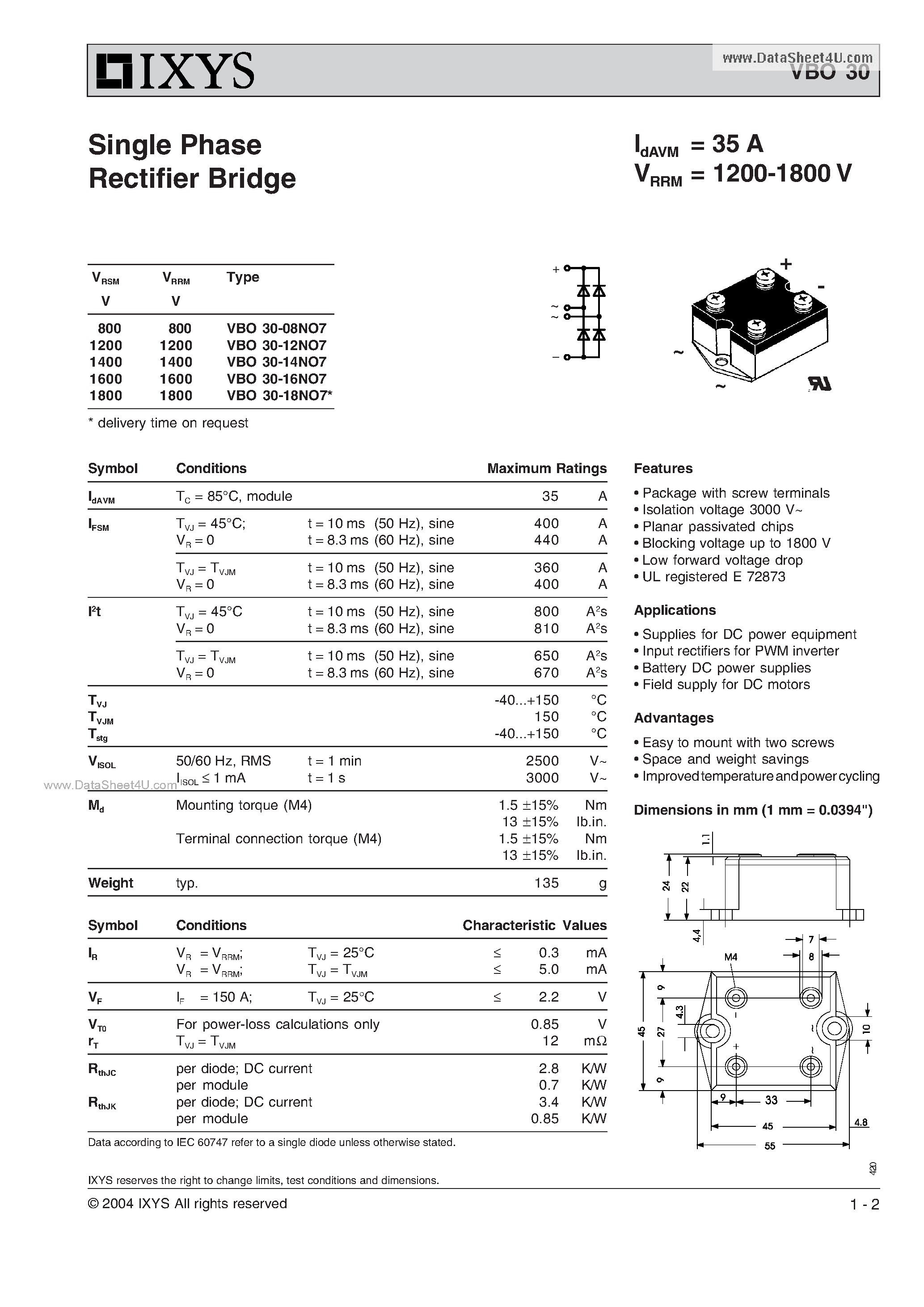 Datasheet VBO30 - Single Phase Rectifier Bridge page 1