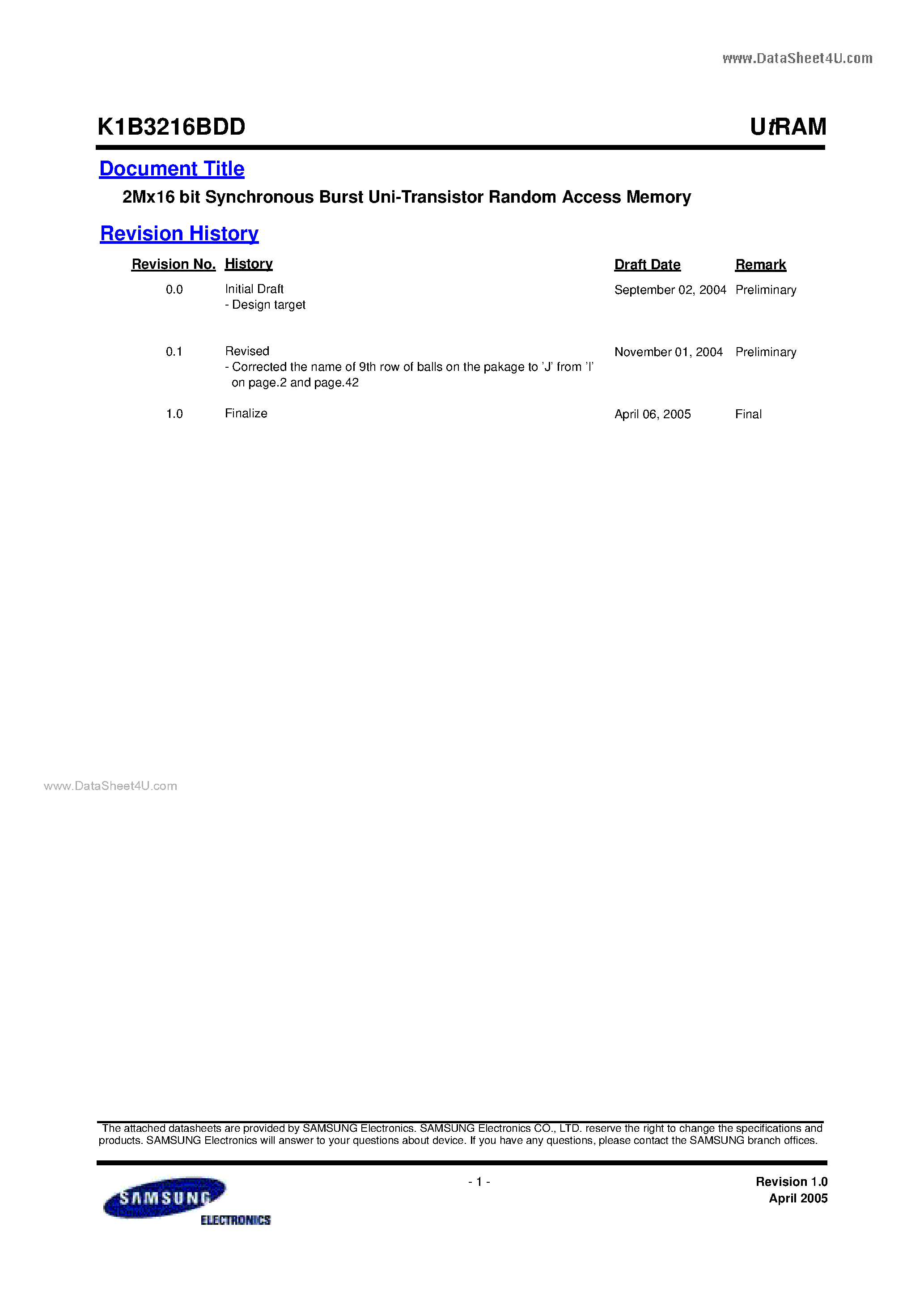 Даташит на микросхему K1B3216BDD страница 1 Даташит K1B3216BDD - 2M x 16 bit Synchronous Burst Uni-Transistor CMOS RAM страница 1