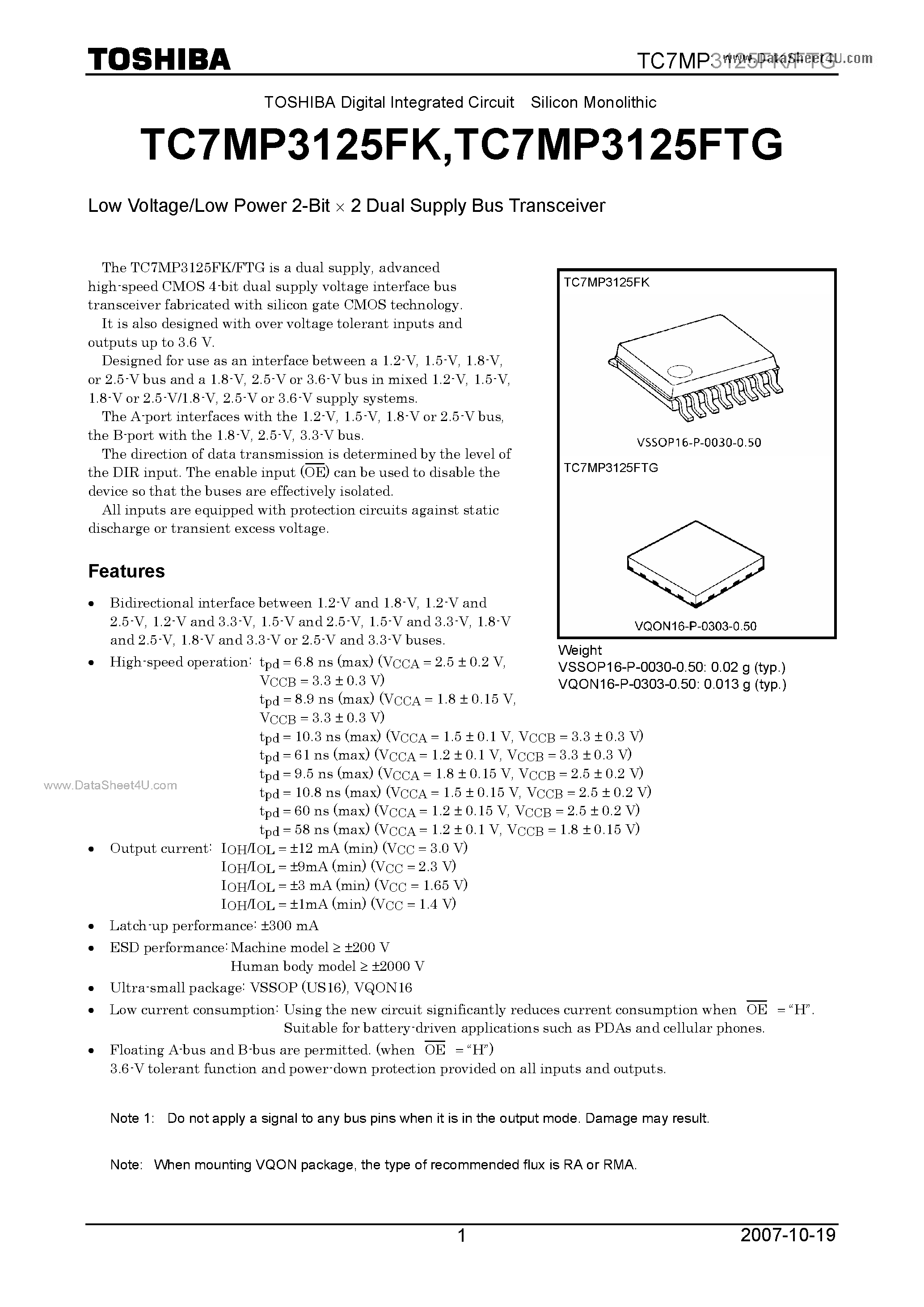 Даташит TC7MP3125FK - Low Voltage/Low Power 2-Bit X 2 Dual Supply Bus Transceiver страница 1