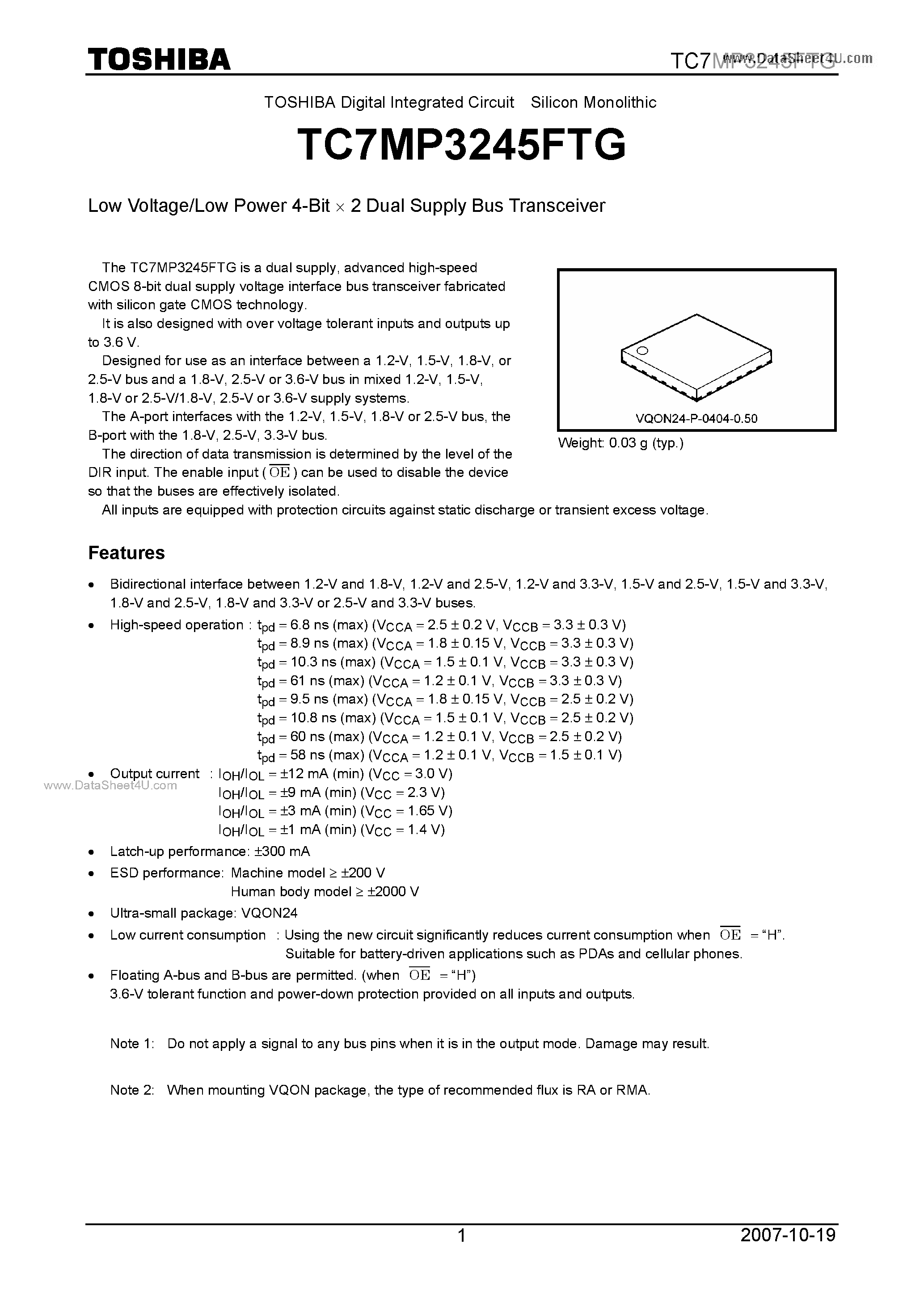 Datasheet TC7MP3245FTG - Low Voltage/Low Power 4-Bit X 2 Dual Supply Bus Transceiver page 1