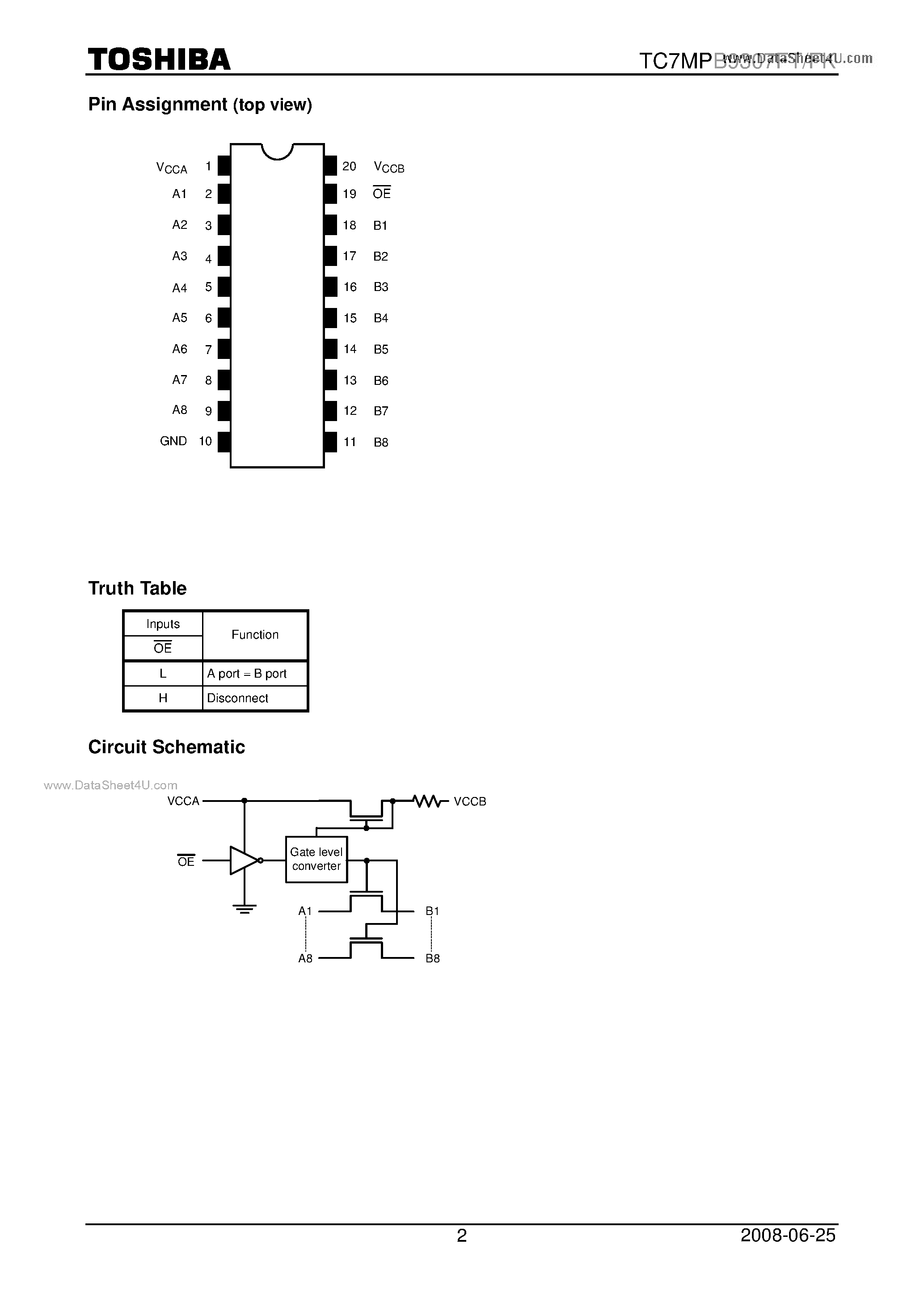 Даташит TC7MPB9307FK - Low Voltage/Low Power 8-Bit Dual Supply Bus Switch страница 2