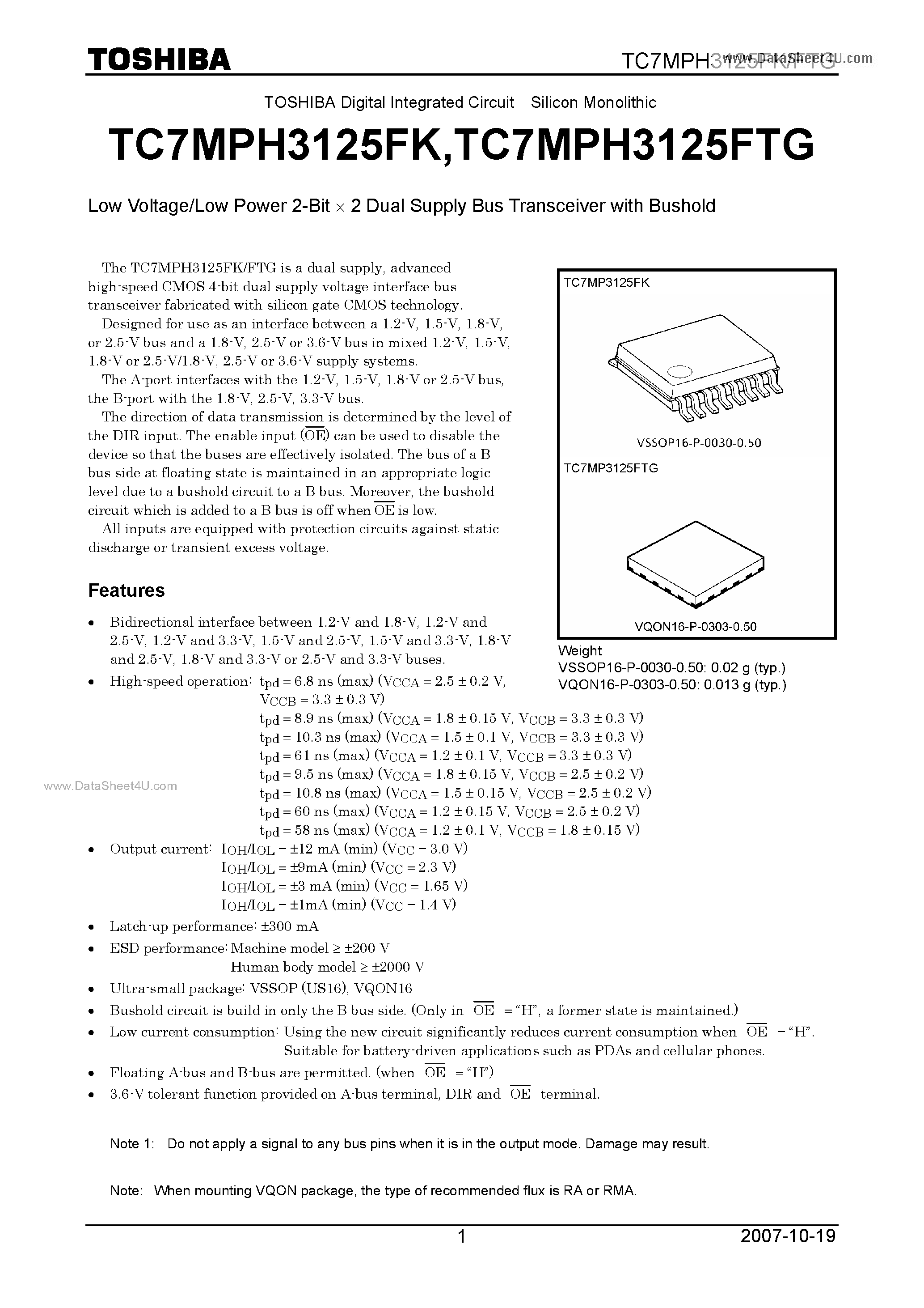 Datasheet TC7MPH3125FK - Low Voltage/Low Power 2-Bit X 2 Dual Supply Bus Transceiver page 1