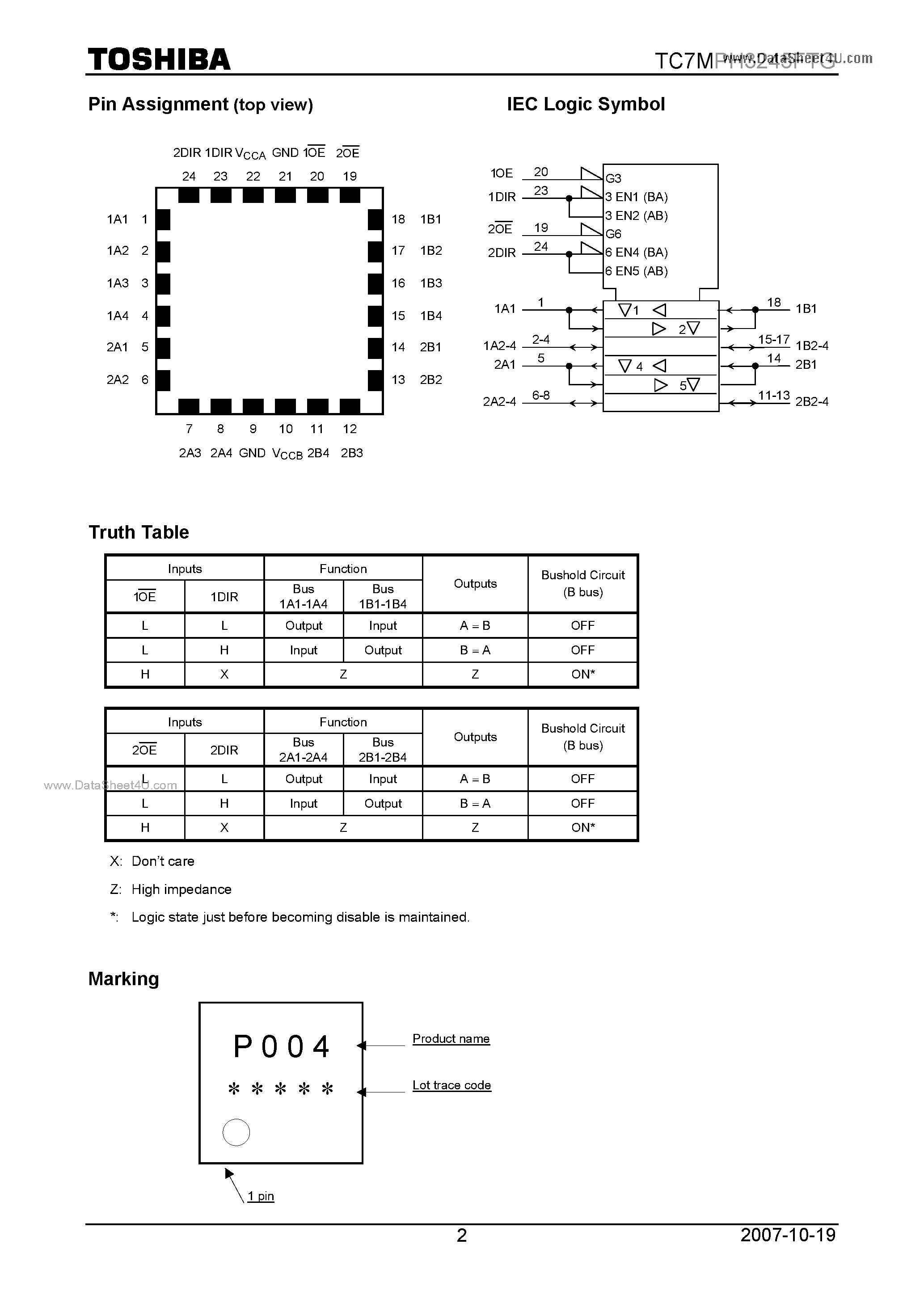 Datasheet TC7MPH3245FTG - Low Voltage/Low Power 4-Bit X 2 Dual Supply Bus Transceiver page 2