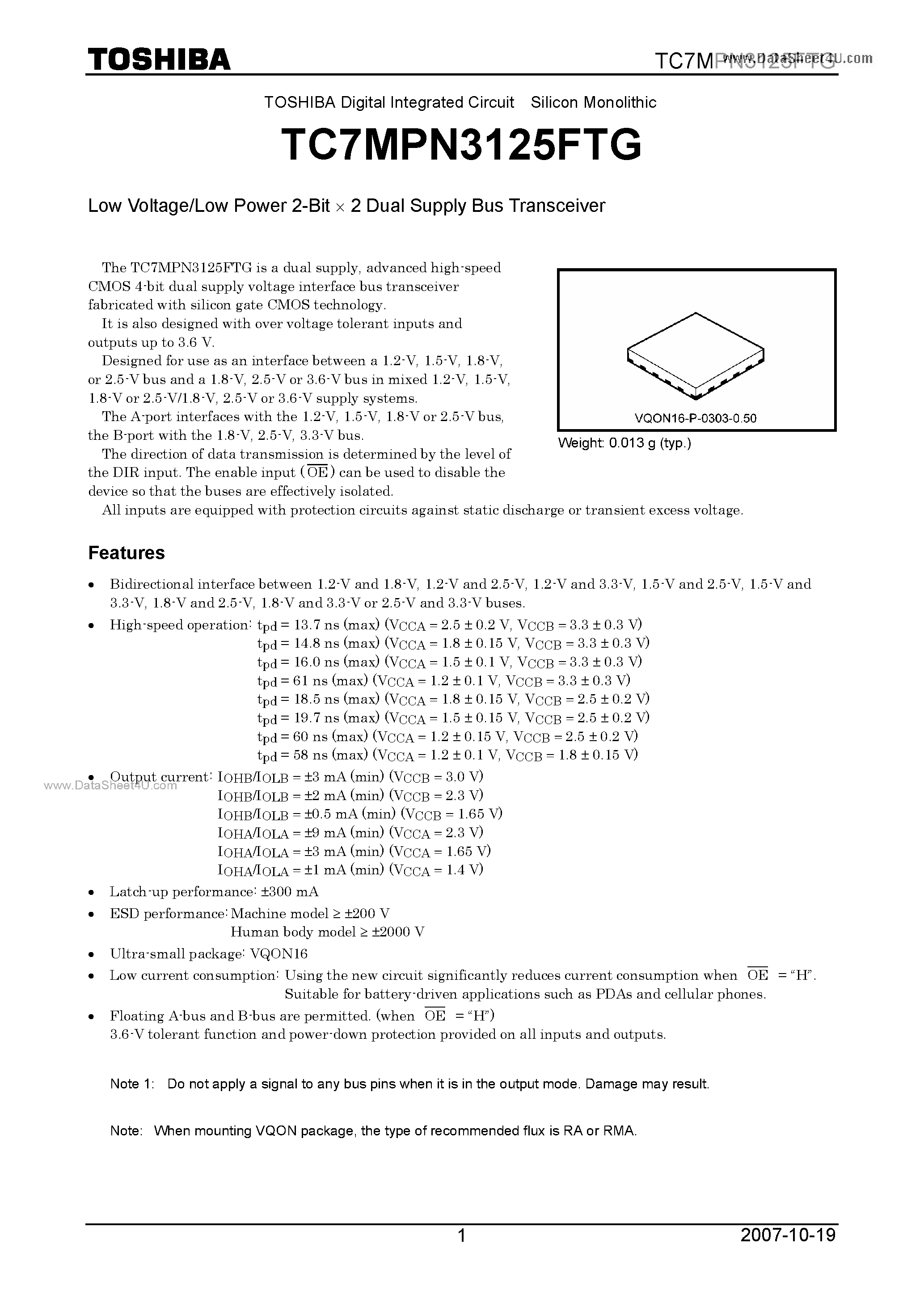 Даташит на микросхему TC7MPN3125FTG страница 1 Даташит TC7MPN3125FTG - Low Voltage/Low Power 2-Bit X 2 Dual Supply Bus Transceiver страница 1