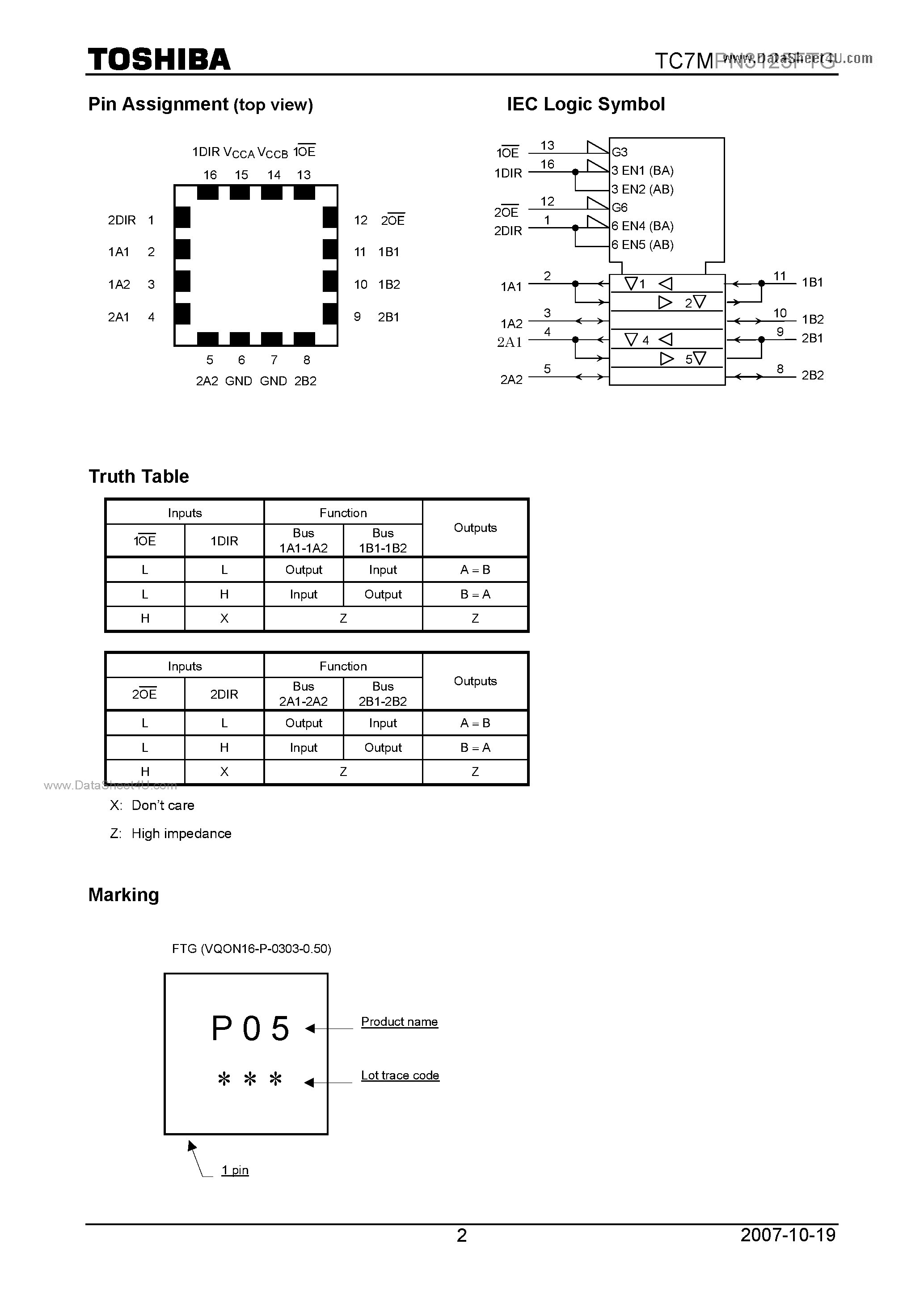 Даташит на микросхему TC7MPN3125FTG страница 2 Даташит TC7MPN3125FTG - Low Voltage/Low Power 2-Bit X 2 Dual Supply Bus Transceiver страница 2