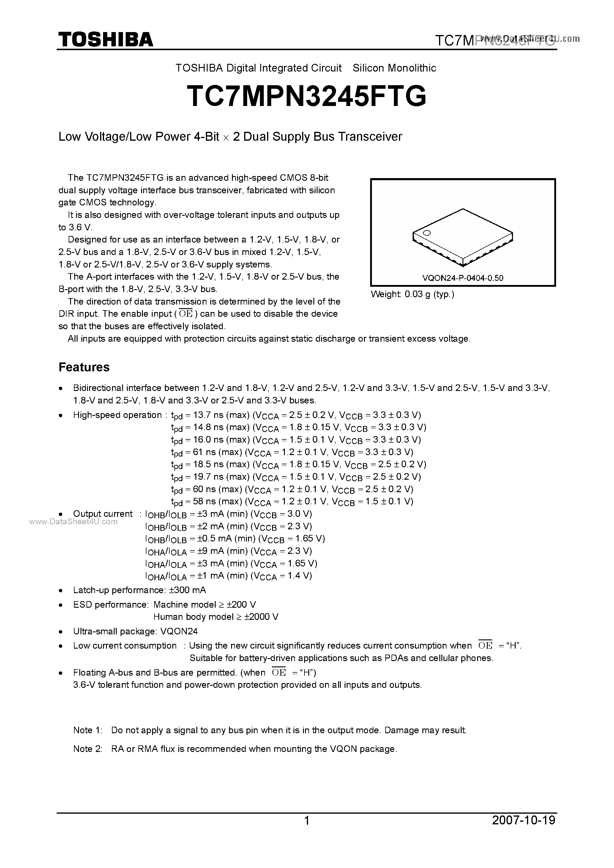 Datasheet TC7MPN3245FTG - Low Voltage/Low Power 4-Bit X 2 Dual Supply Bus Transceiver page 1