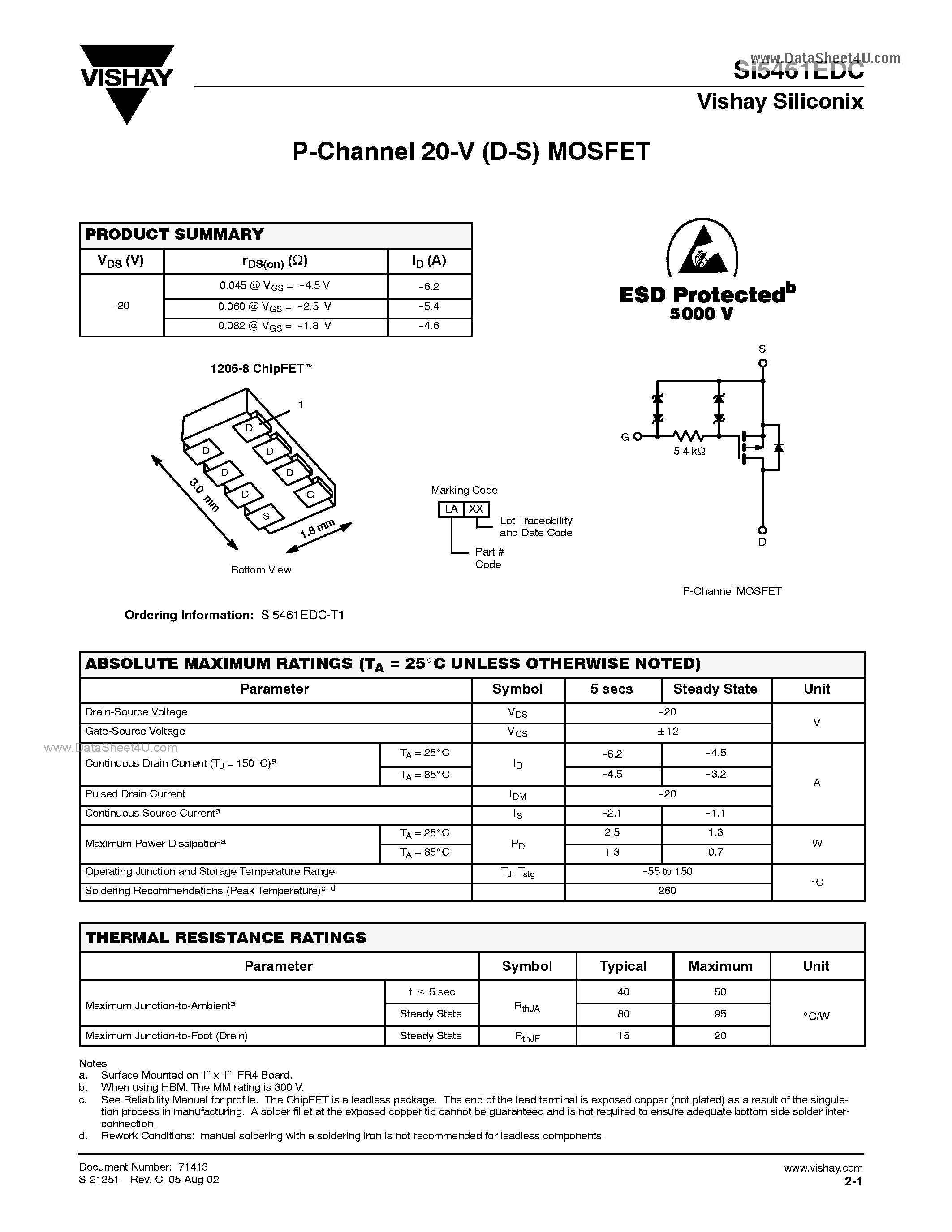 Datasheet SI5461EDC - P-Channel 20-V (D-S) MOSFET page 1