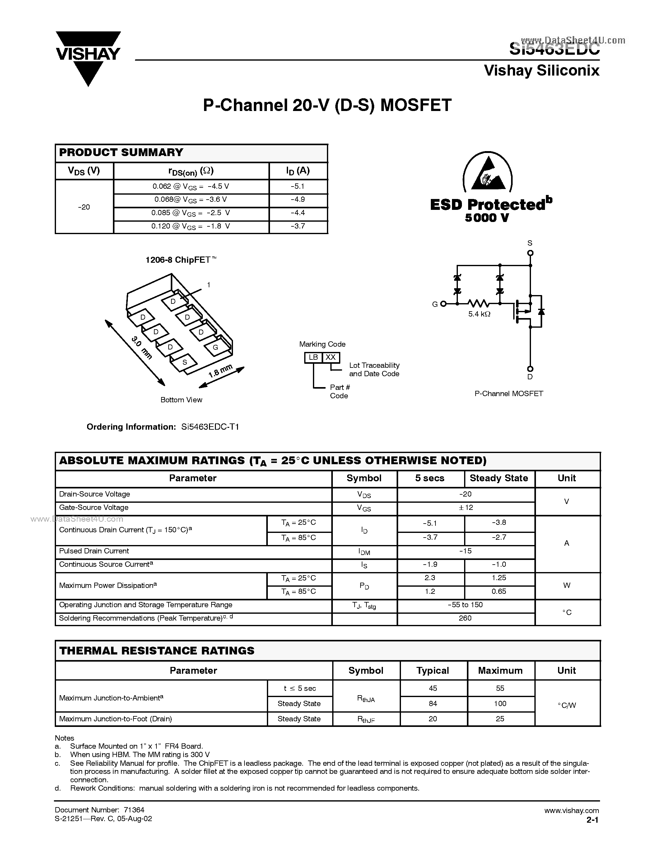 Datasheet SI5463EDC - P-Channel 20-V (D-S) MOSFET page 1