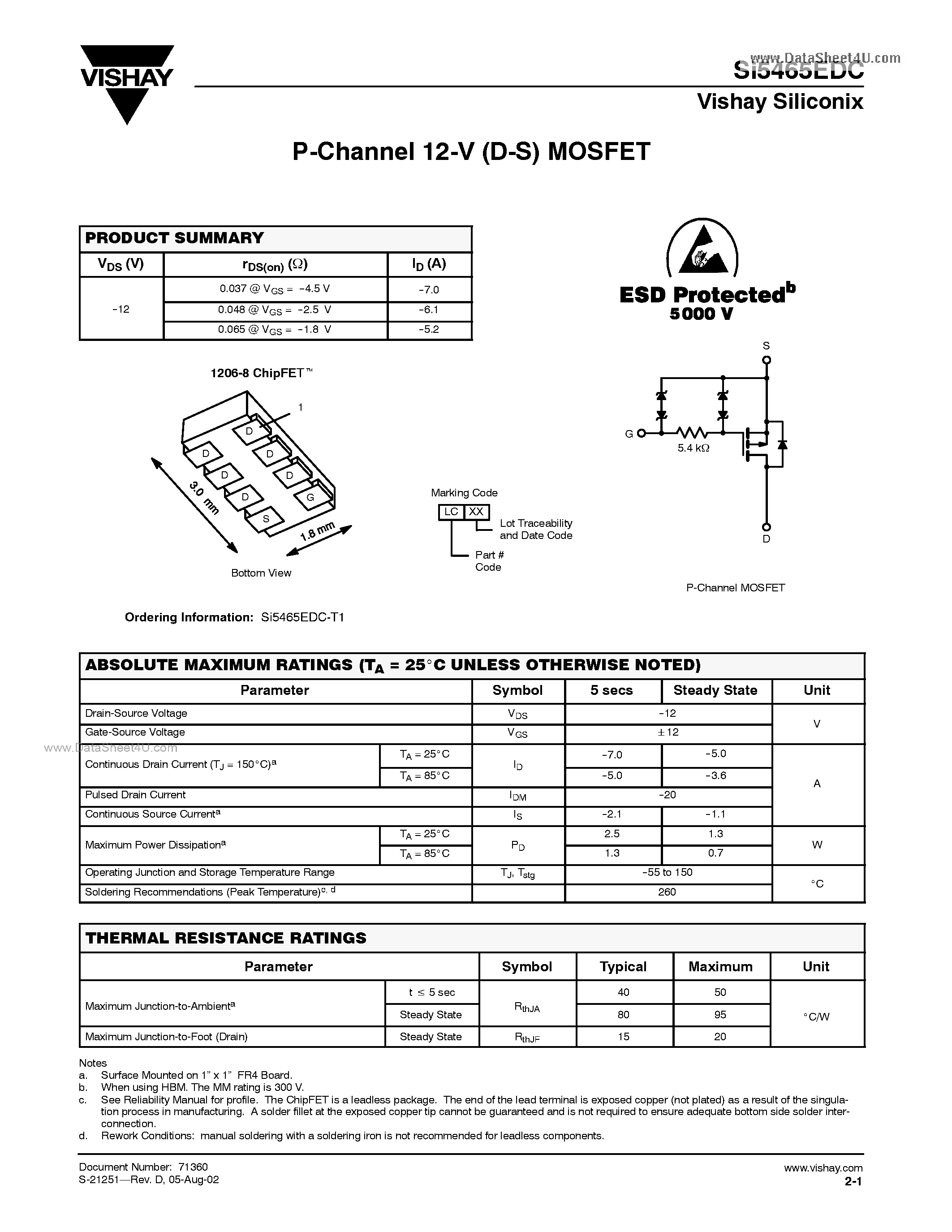 Datasheet SI5465EDC - P-Channel 12-V (D-S) MOSFET page 1