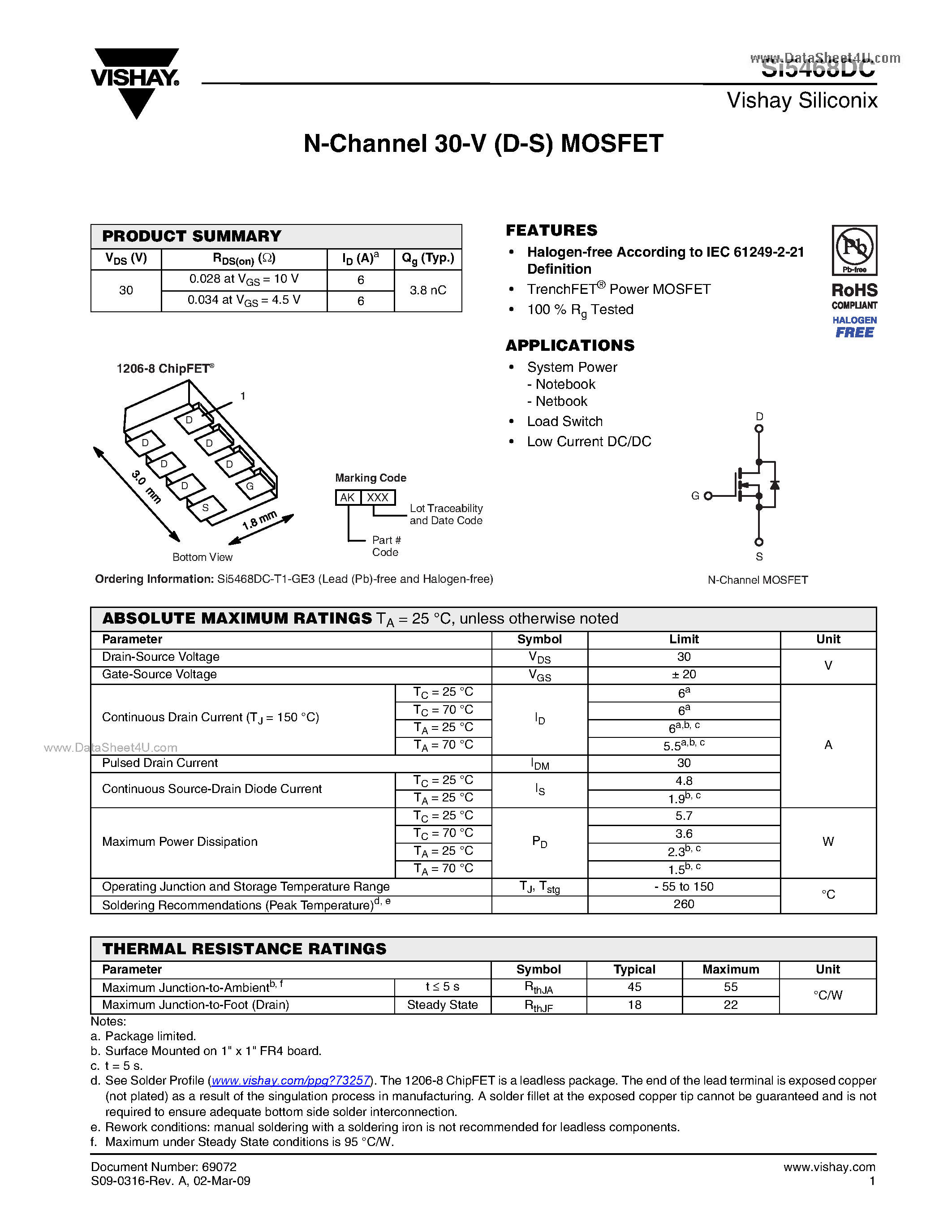 Даташит SI5468DC - N-Channel 30-V (D-S) MOSFET страница 1