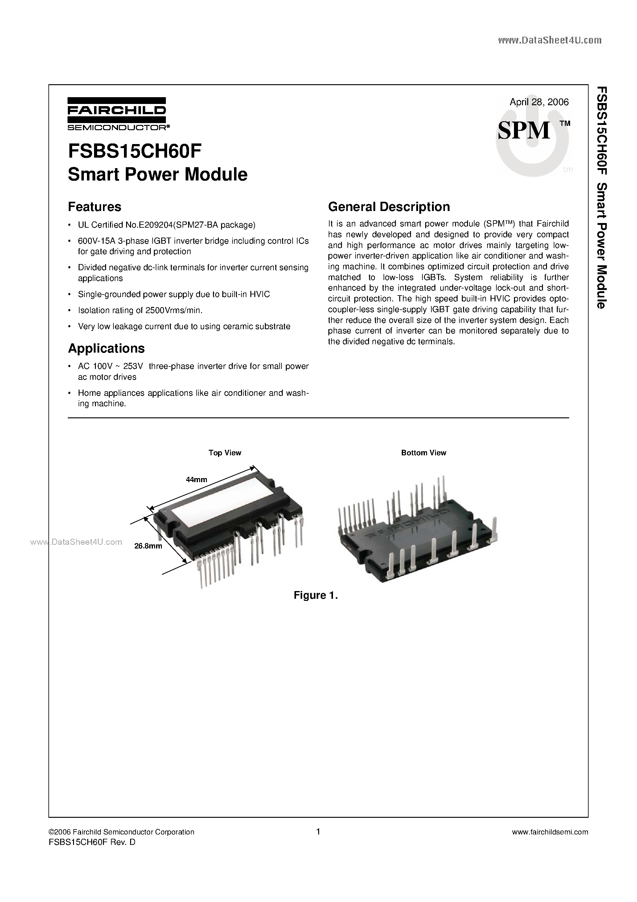 Даташит FSBS15CH60F - Smart Power Module страница 1