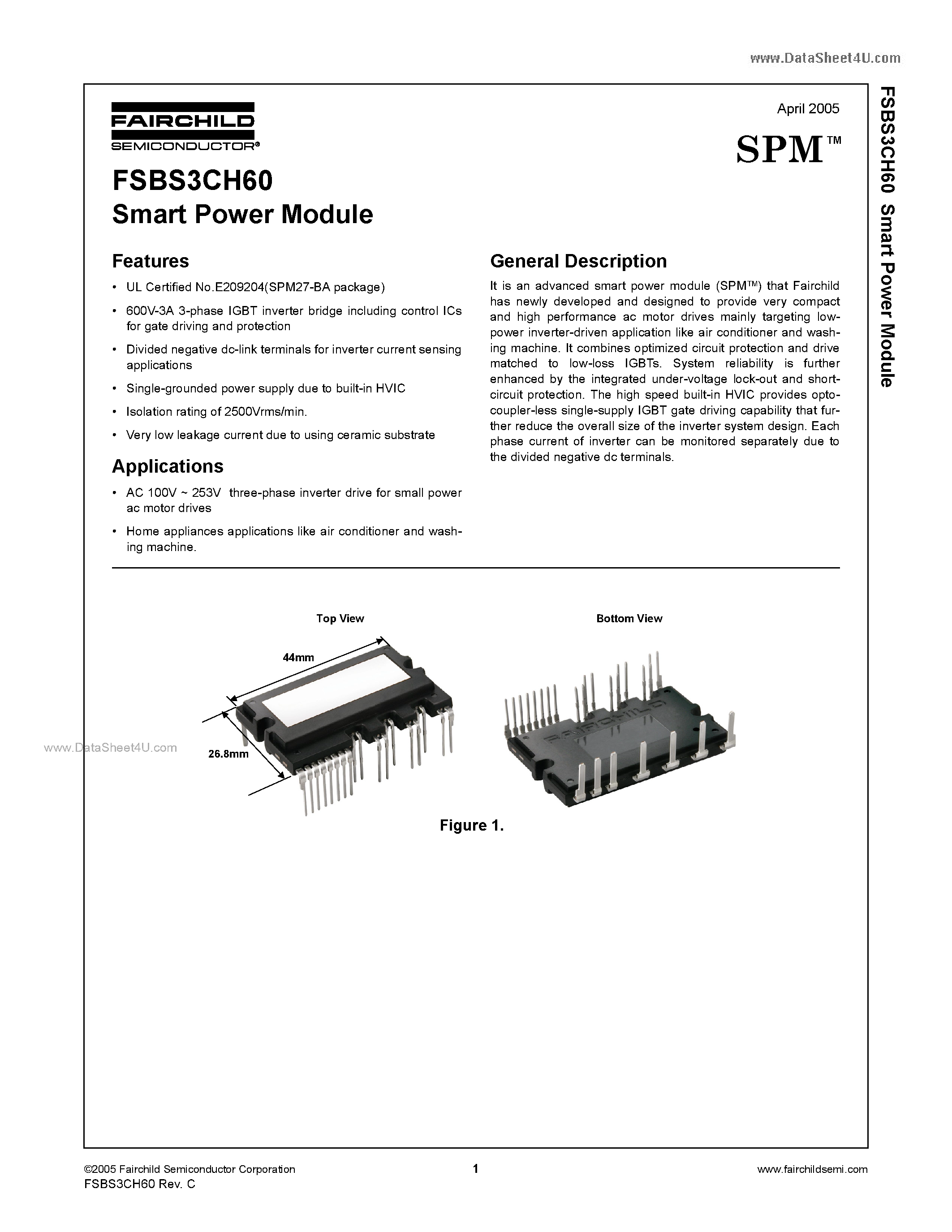 Даташит на микросхему FSBS3CH60 страница 1 Даташит FSBS3CH60 - Smart Power Module страница 1