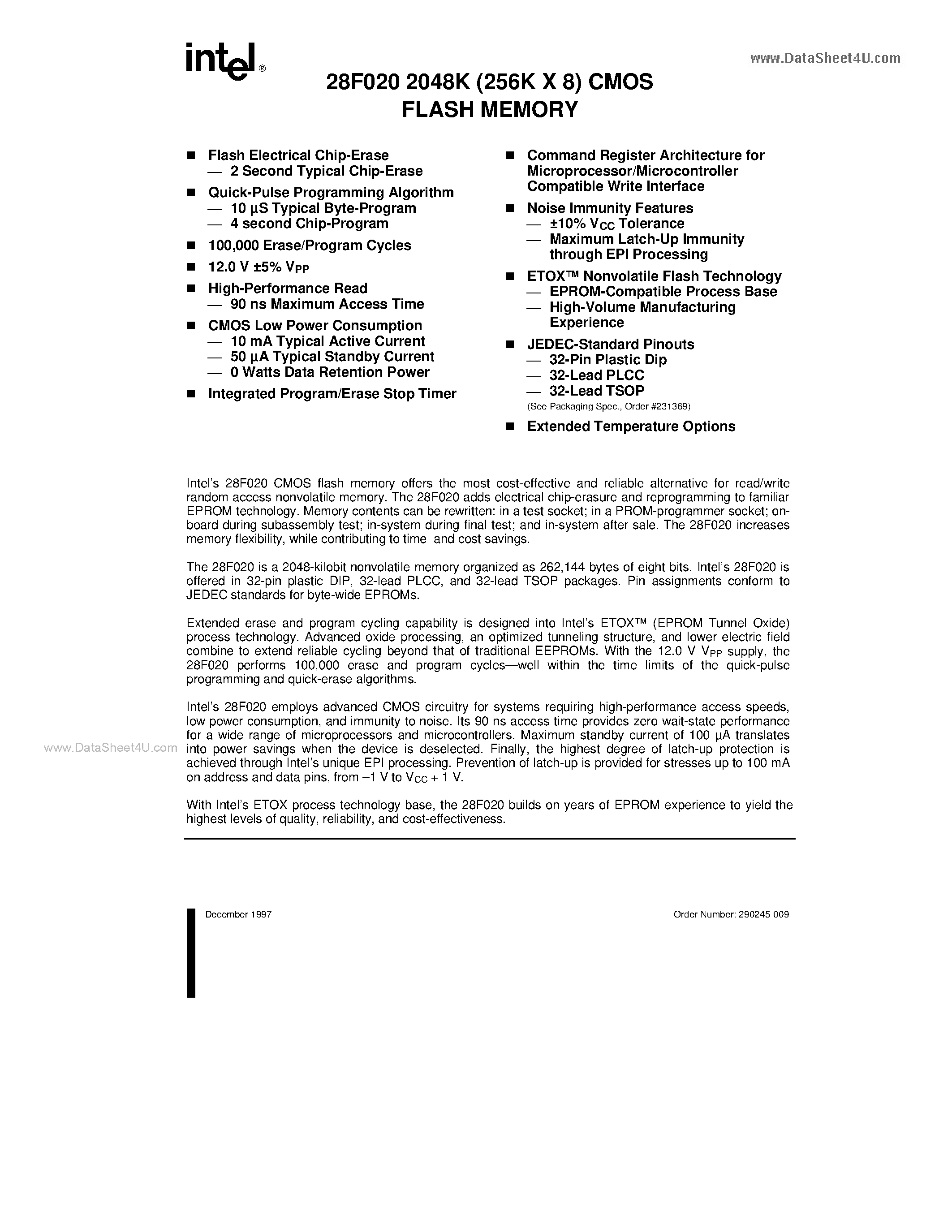 Datasheet F28F020 page 1 Datasheet F28F020 - 2048(256 x 8) CMOS flash memory page 1