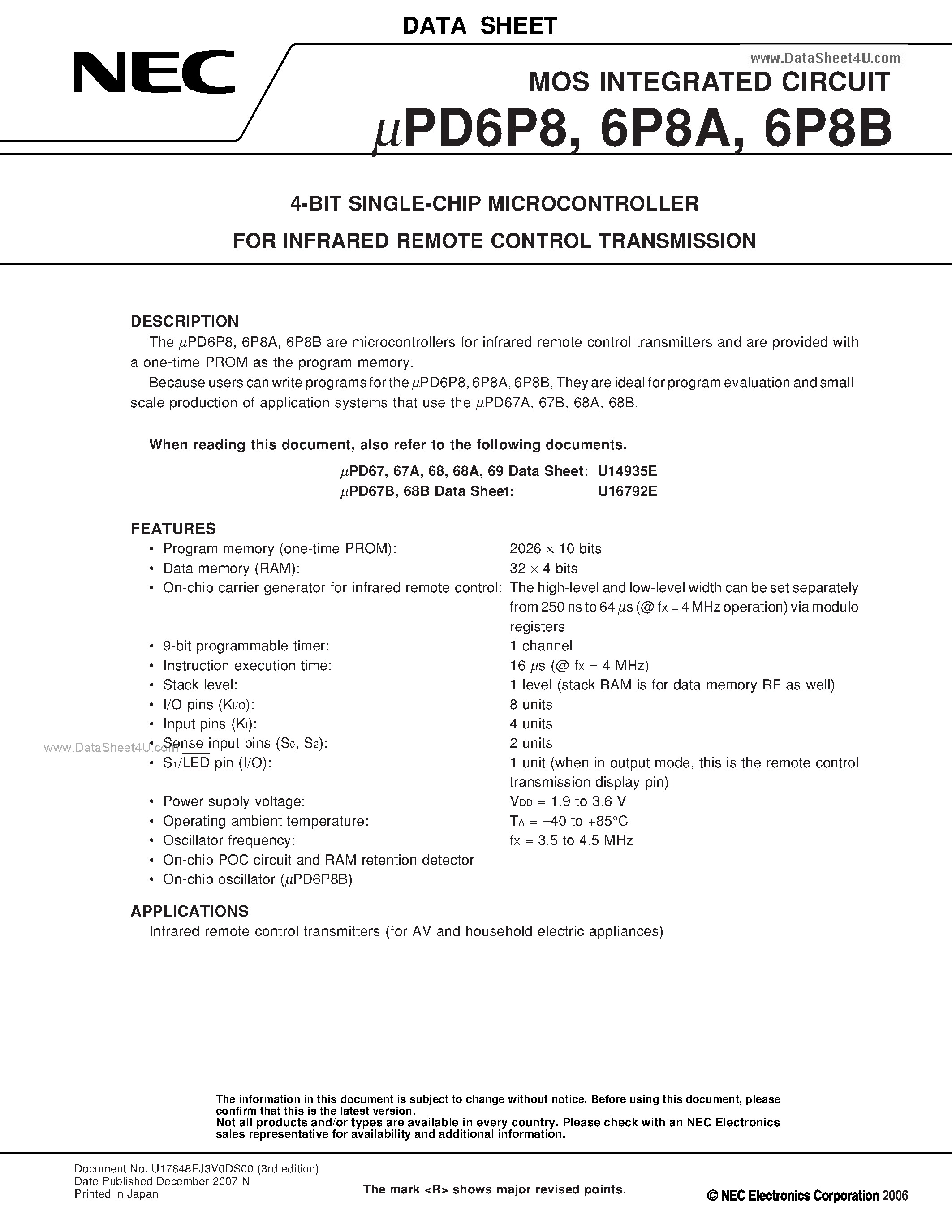 Datasheet UPD6P8 - MOS INTEGRATED CIRCUIT 4-BIT SINGLE-CHIP MICROCONTROLLER page 1