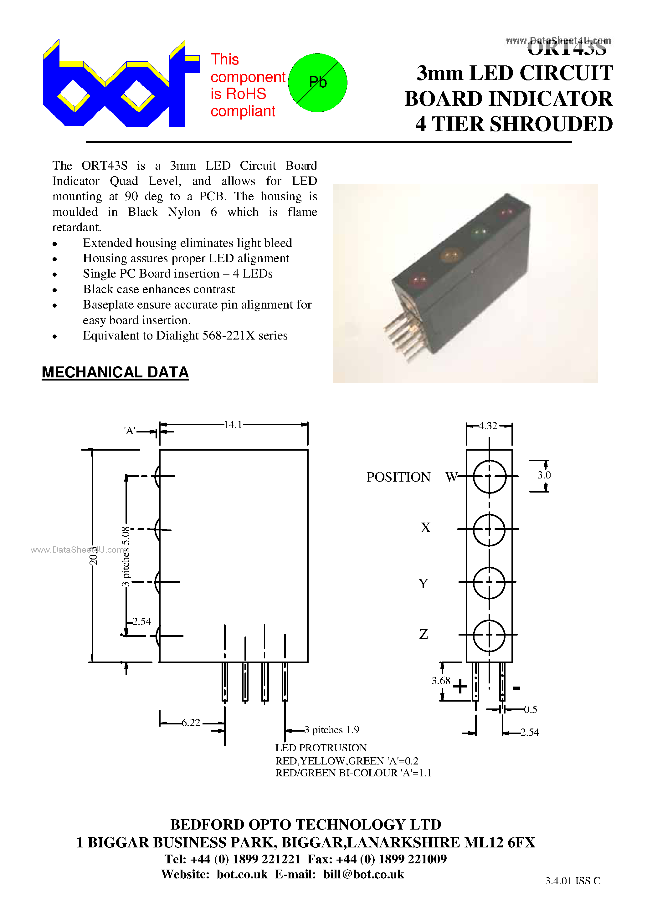 Datasheet ORT43S - 3mm LED CIRCUIT BOARD INDICATOR 4 TIER SHROUDED page 1