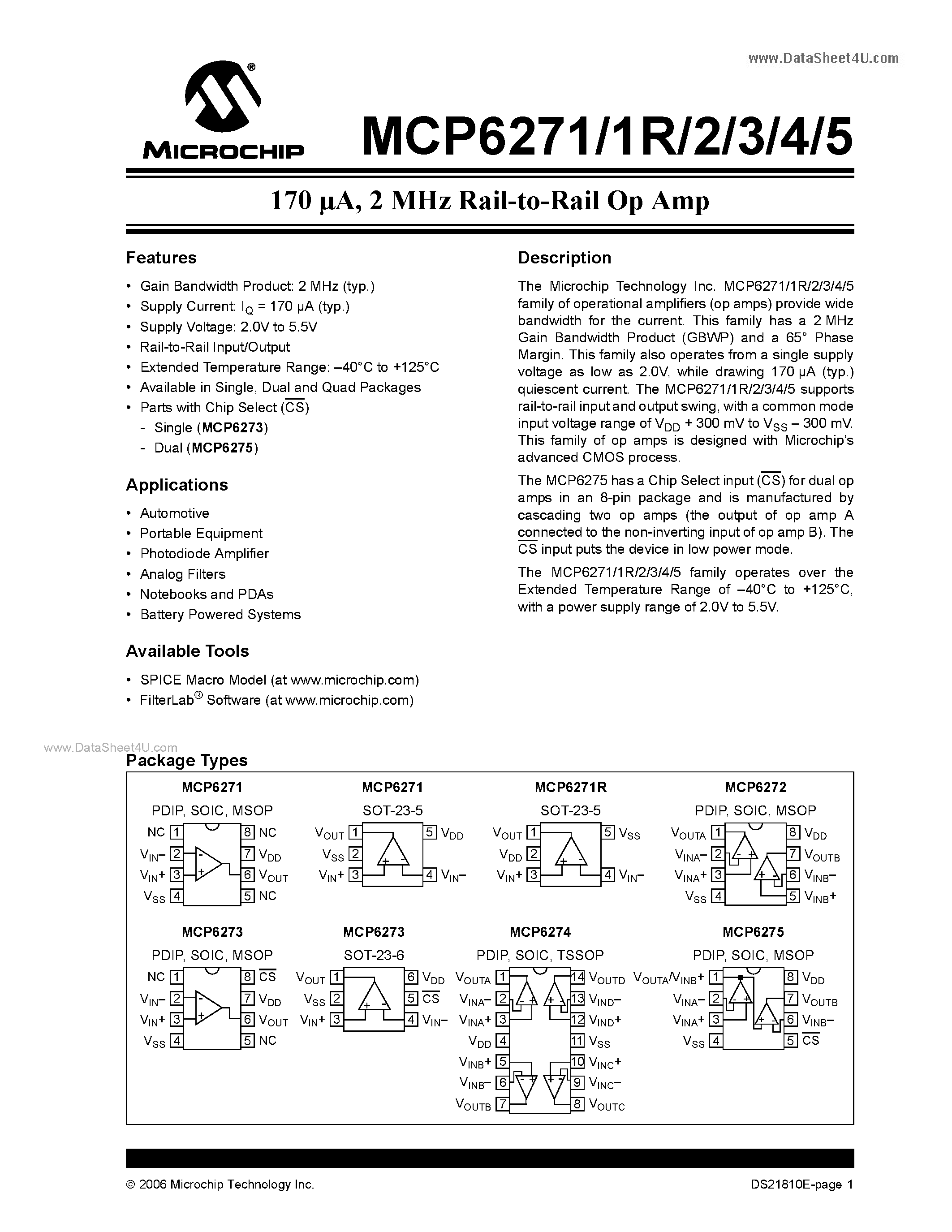 Datasheet MCP6271 - (MCP6271 - MCP6275) 2 MHz Rail-to-Rail Op Amp page 1