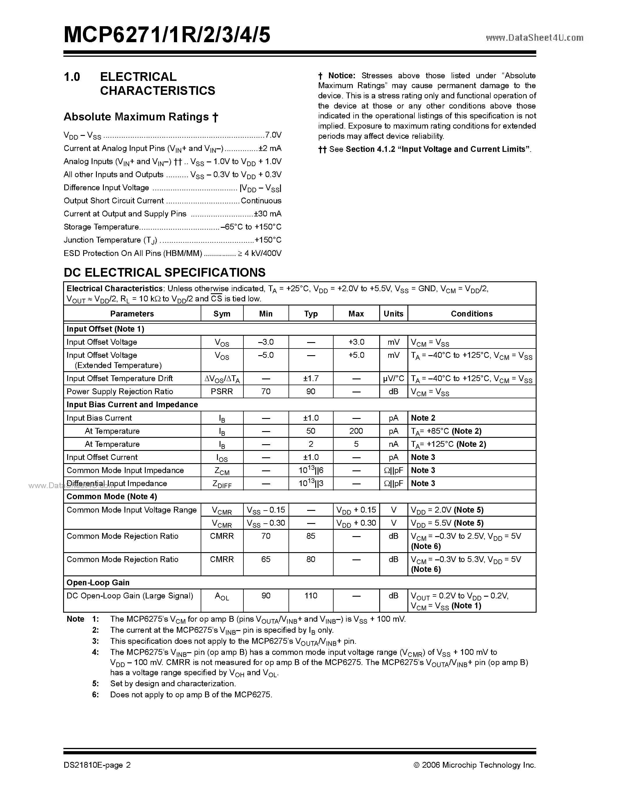 Datasheet MCP6271 - (MCP6271 - MCP6275) 2 MHz Rail-to-Rail Op Amp page 2