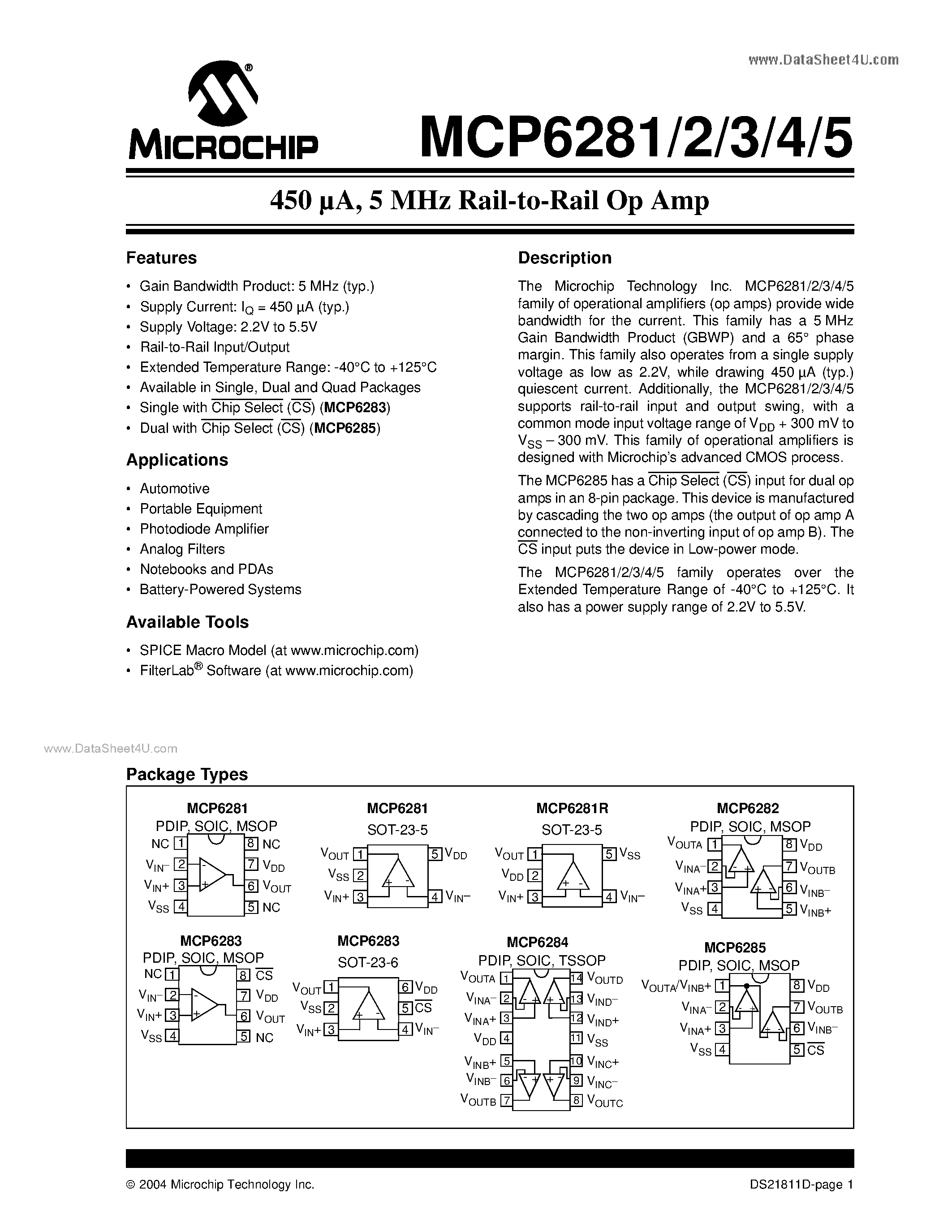 Datasheet MCP6281 - (MCP6281 - MCP6285) 5 MHz Rail-to-Rail Op Amp page 1