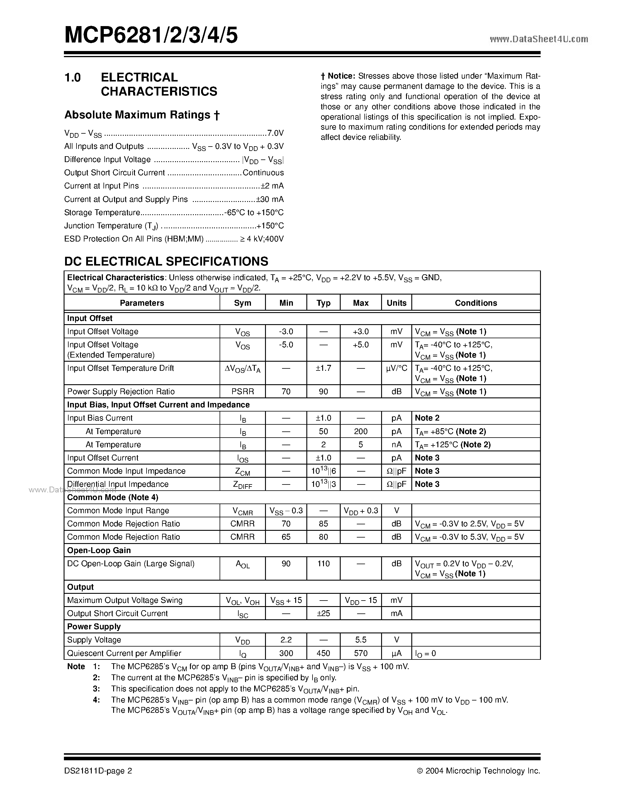 Datasheet MCP6281 - (MCP6281 - MCP6285) 5 MHz Rail-to-Rail Op Amp page 2