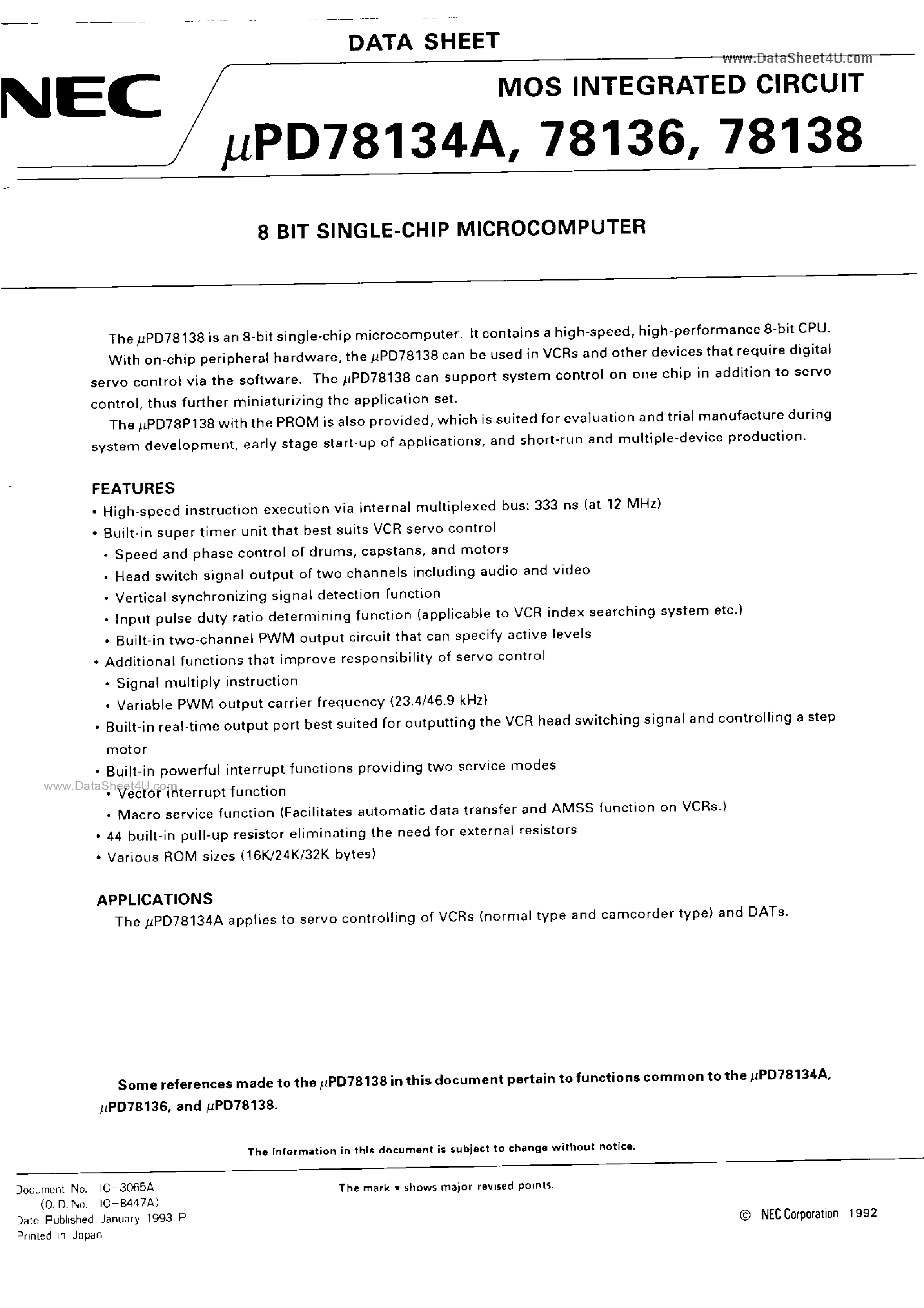 Даташит UPD78134A - (UPD78134A - UPD78138) 8 BIT SINGLE-CHIP MICROCOMPUTER страница 1
