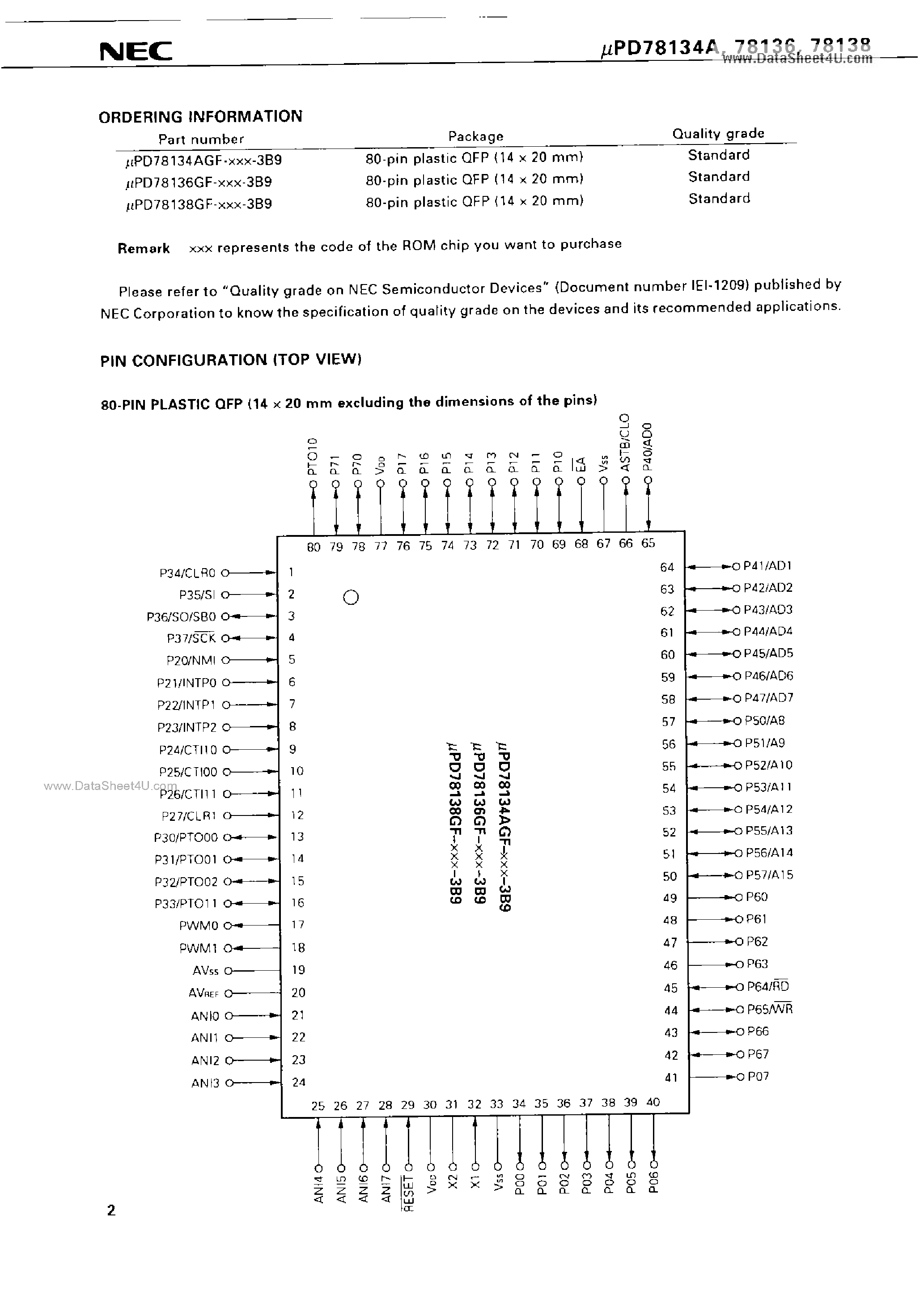 Даташит UPD78134A - (UPD78134A - UPD78138) 8 BIT SINGLE-CHIP MICROCOMPUTER страница 2