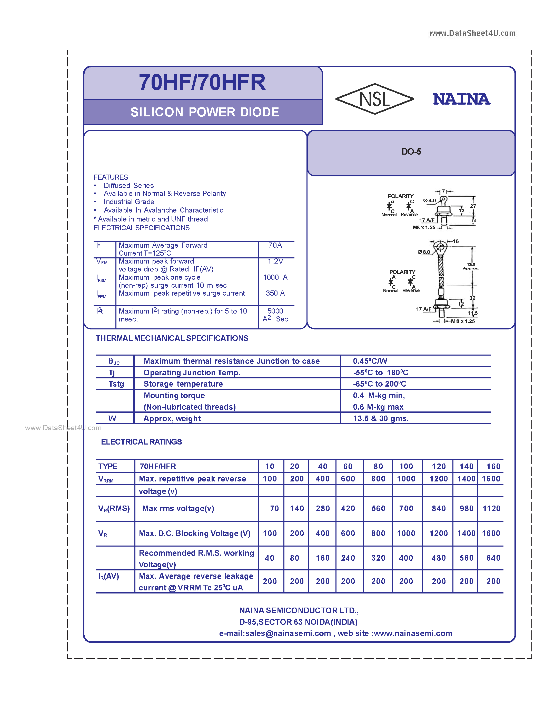Datasheet 70HF10 page 1 Datasheet 70HF10 - Silicon Power Diode page 1