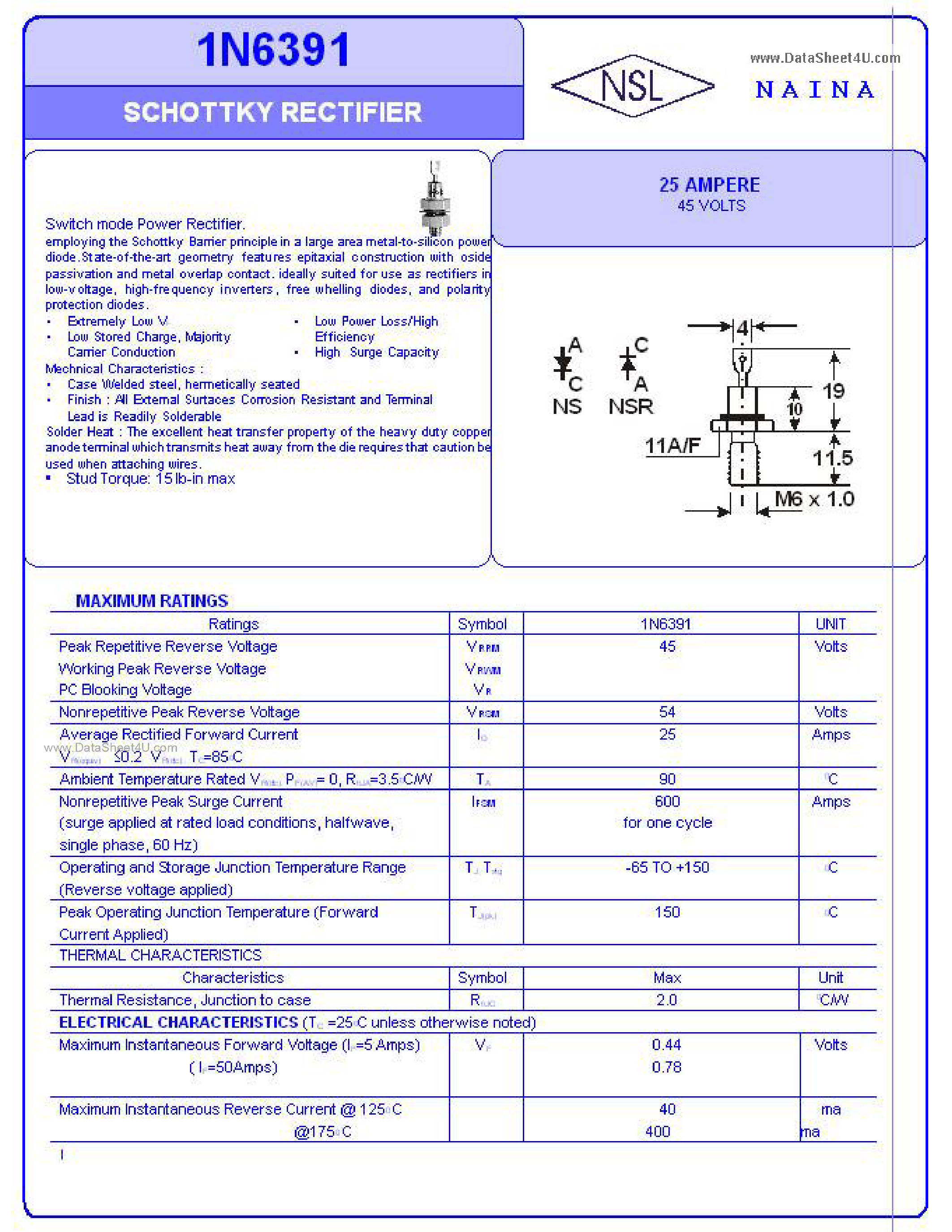 Datasheet 1N6391 page 1 Datasheet 1N6391 - Schottky Diode page 1