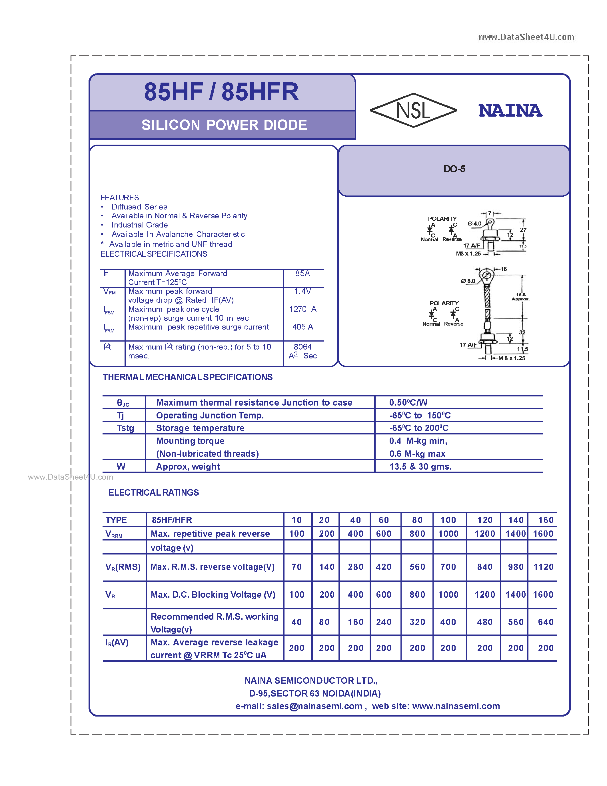 Datasheet 85HF page 1 Datasheet 85HF - Silicon Power Diode page 1