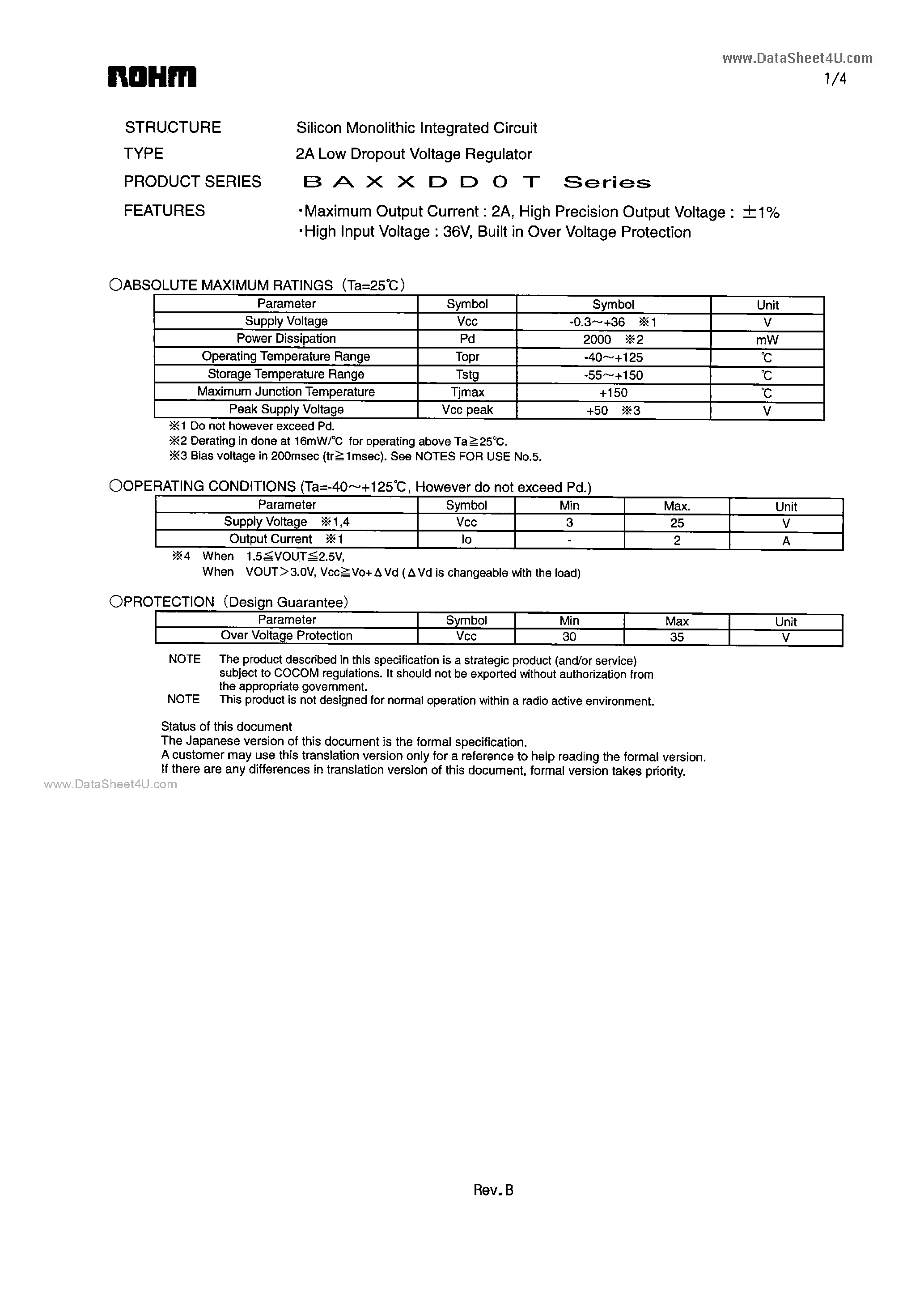 Datasheet BA25DD0T - 2A Low Dropout Voltage Regulator page 1