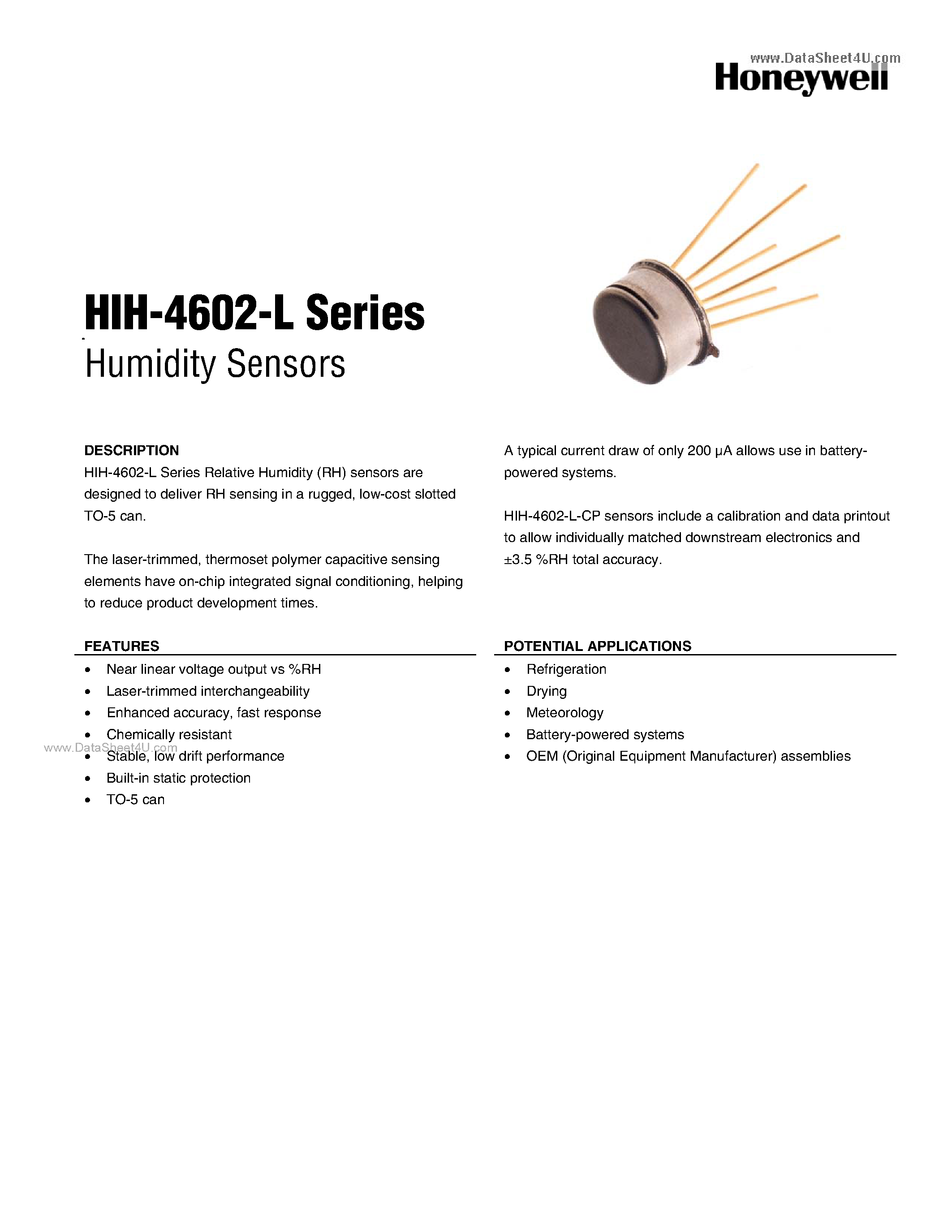 Даташит на микросхему HIH4602-L страница 1 Даташит HIH4602-L - Humidity Sensors страница 1