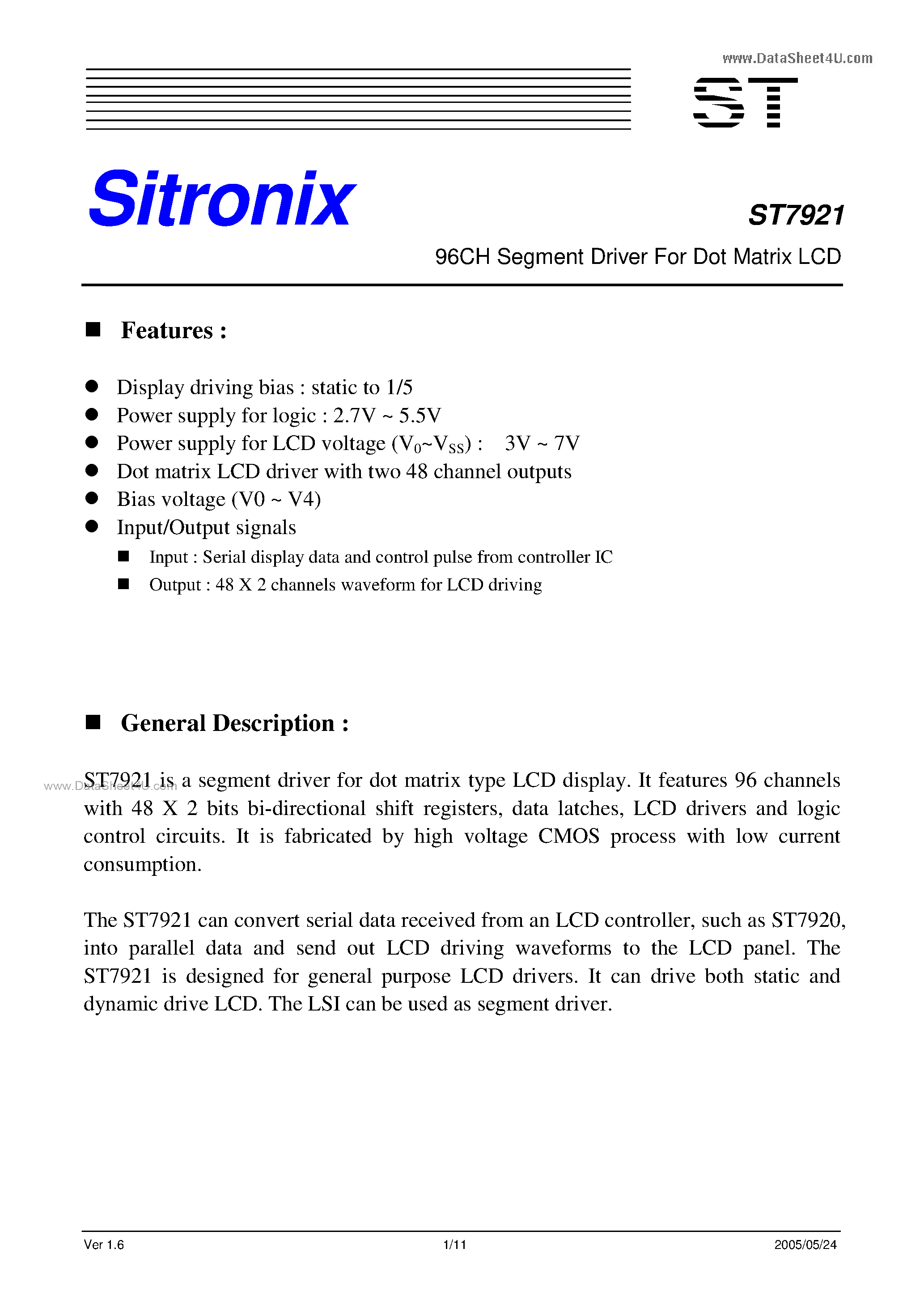 Даташит на микросхему ST7921 страница 1 Даташит ST7921 - 96CH Segment Driver страница 1