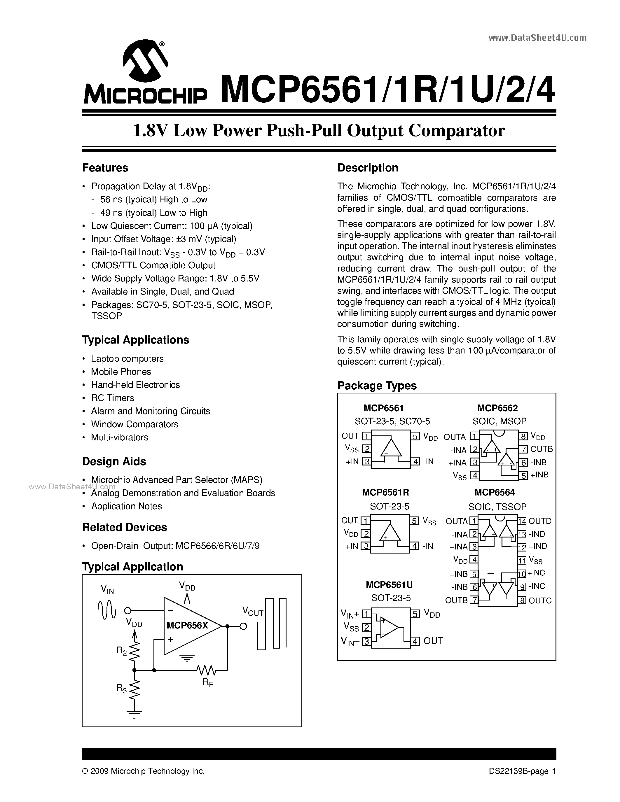 Datasheet MCP6561 - (MCP6561 - MCP6564) 1.8V Low Power Push-Pull Output Comparator page 1