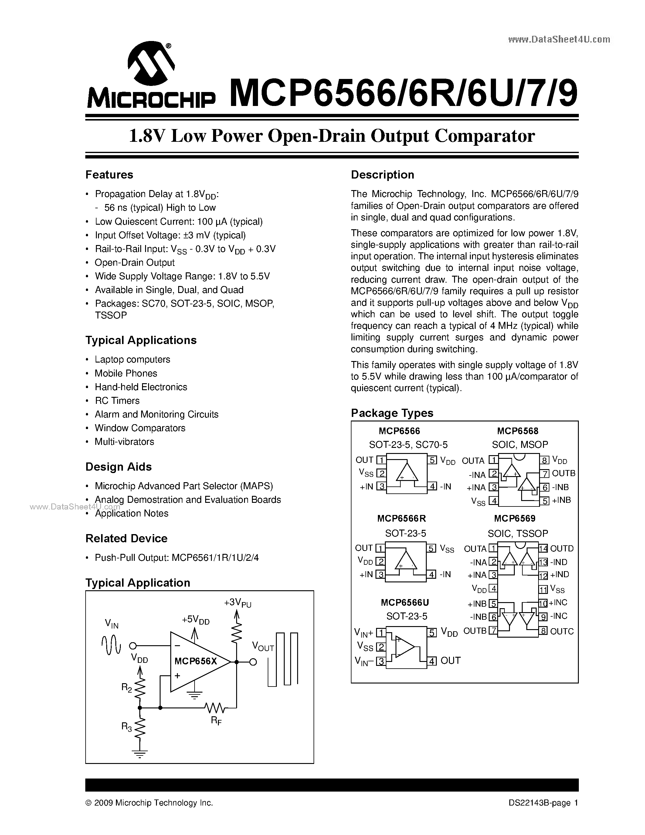 Datasheet MCP6566 - (MCP6566 - MCP6569) 1.8V Low Power Open-Drain Output Comparator page 1