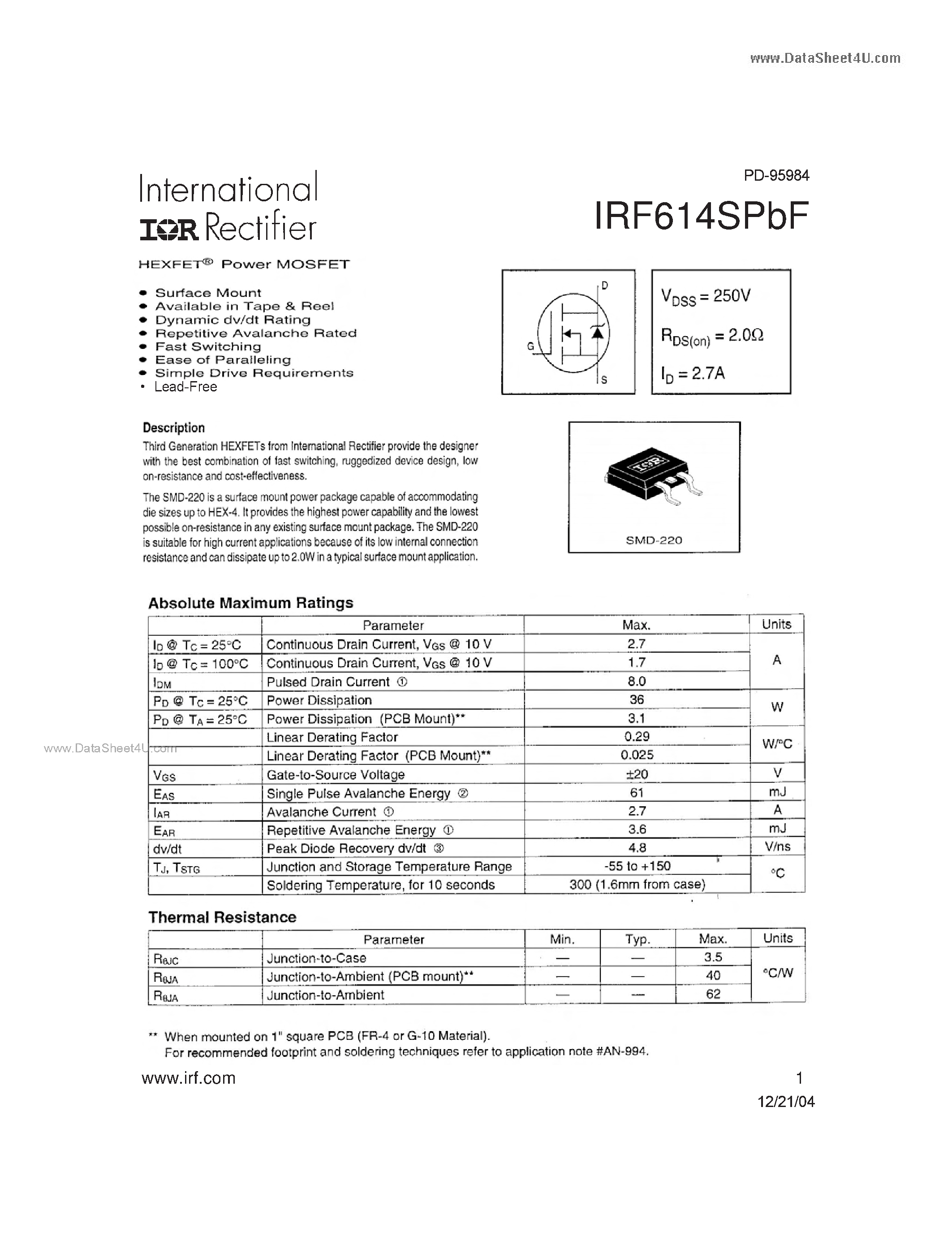 Datasheet IRF614SPBF - HEXFET Power MOSFET page 1