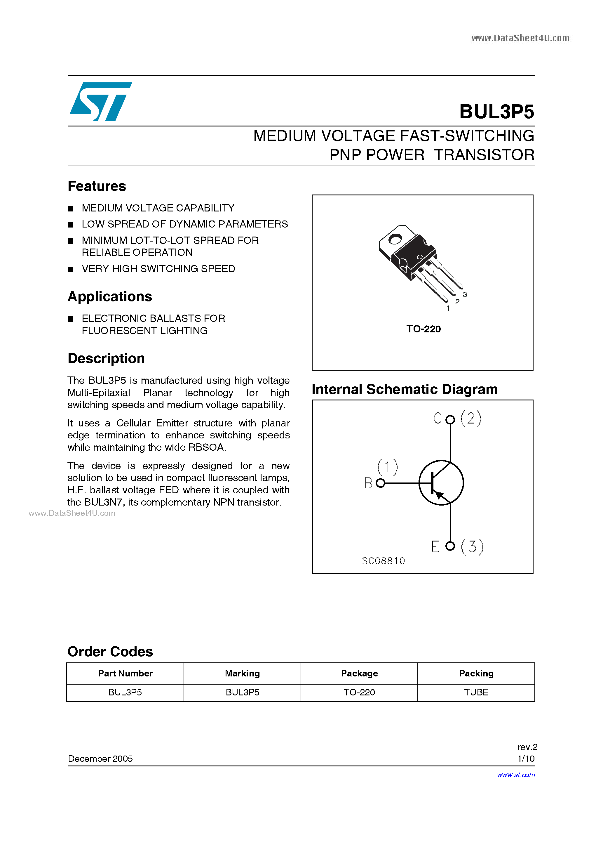 Даташит на микросхему BUL3P5 страница 1 Даташит BUL3P5 - MEDIUM VOLTAGE FAST-SWITCHING PNP POWER TRANSISTOR страница 1