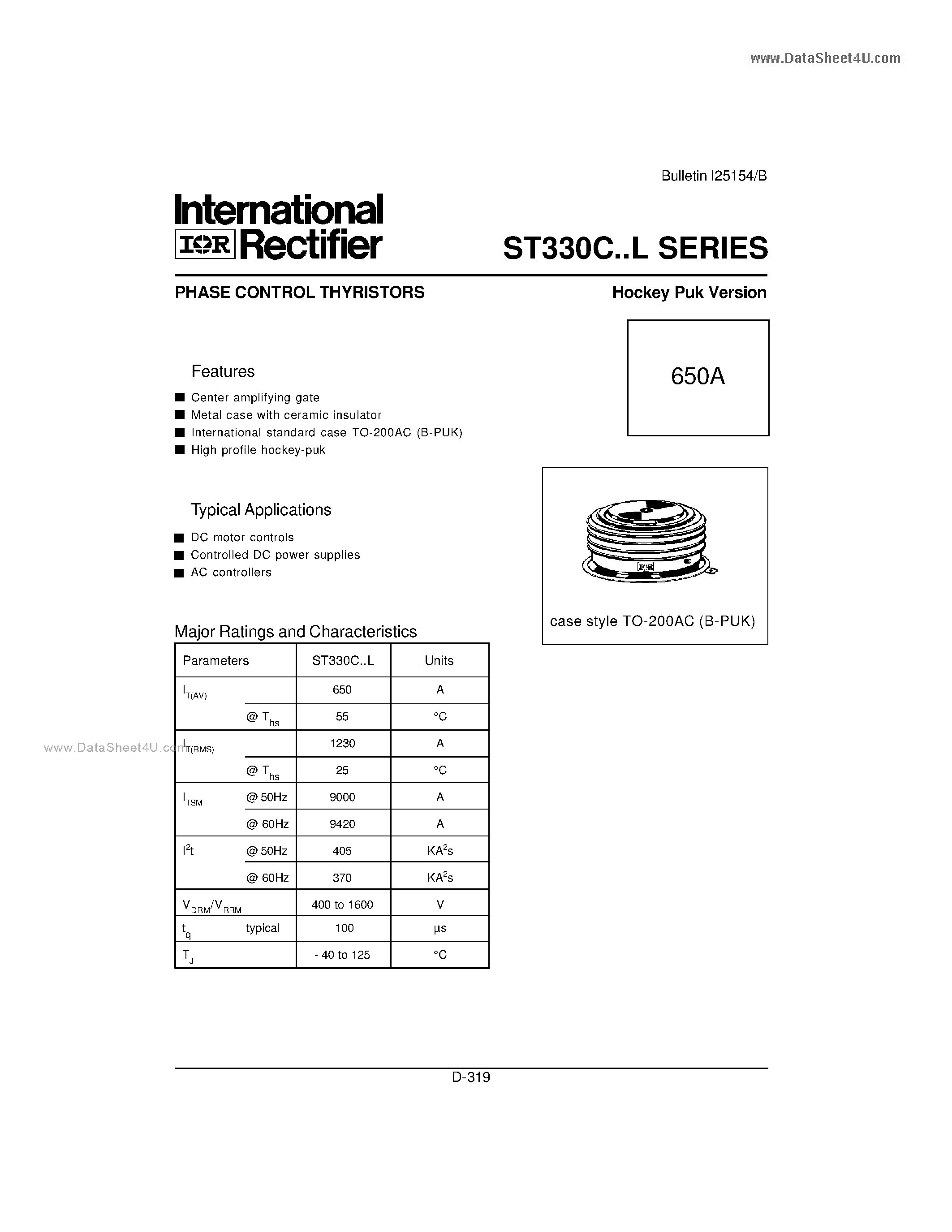 Datasheet ST330C page 2 Datasheet ST330C - PHASE CONTROL THYRISTORS Hockey Puk Version page 2