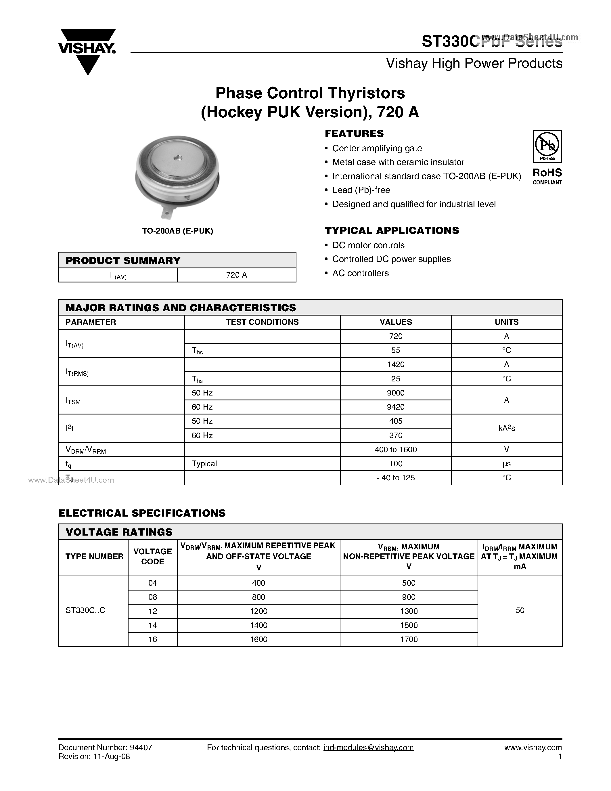 Даташит на микросхему ST330CPBF страница 1 Даташит ST330CPBF - Phase Control Thyristors страница 1