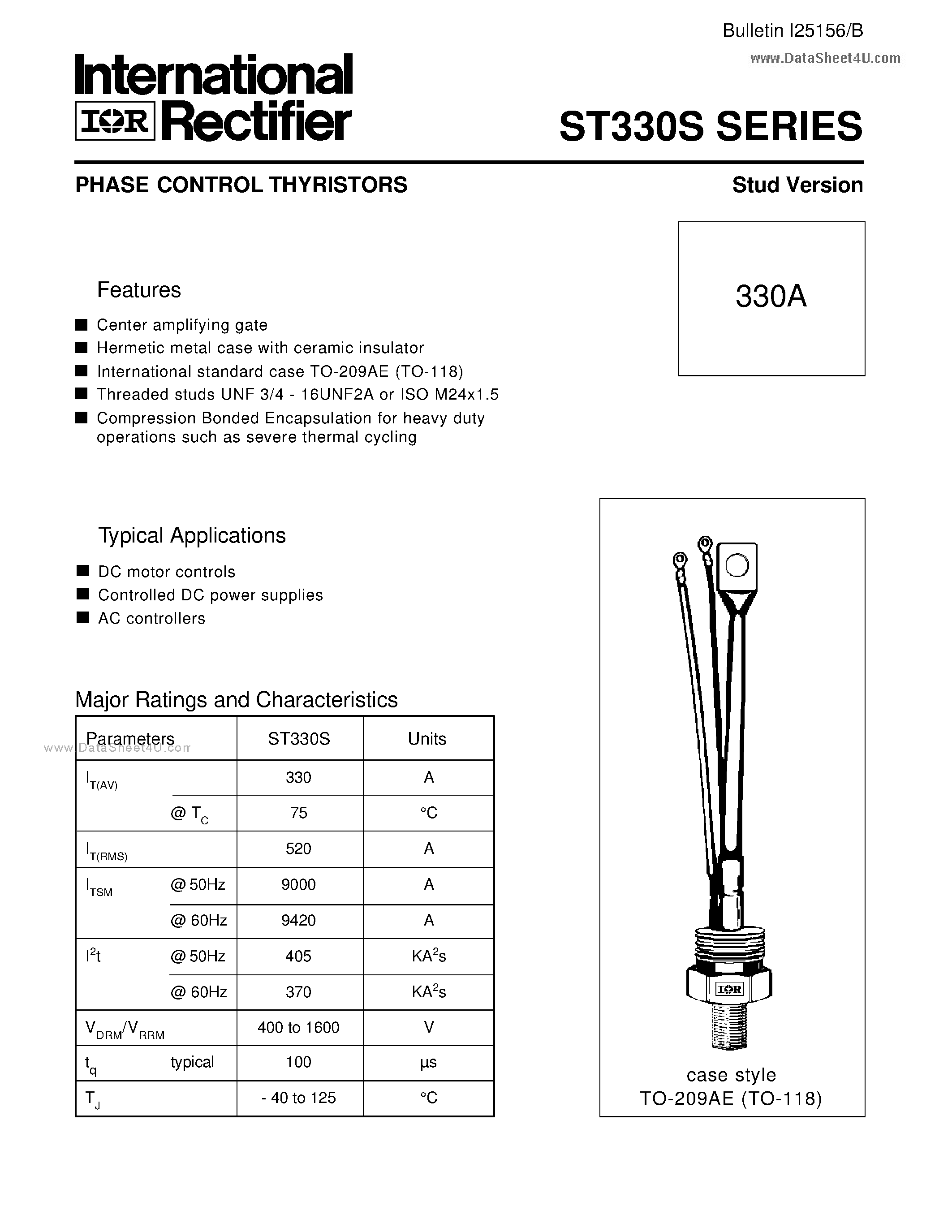 Datasheet ST330S page 1 Datasheet ST330S - PHASE CONTROL THYRISTORS Stud Version page 1