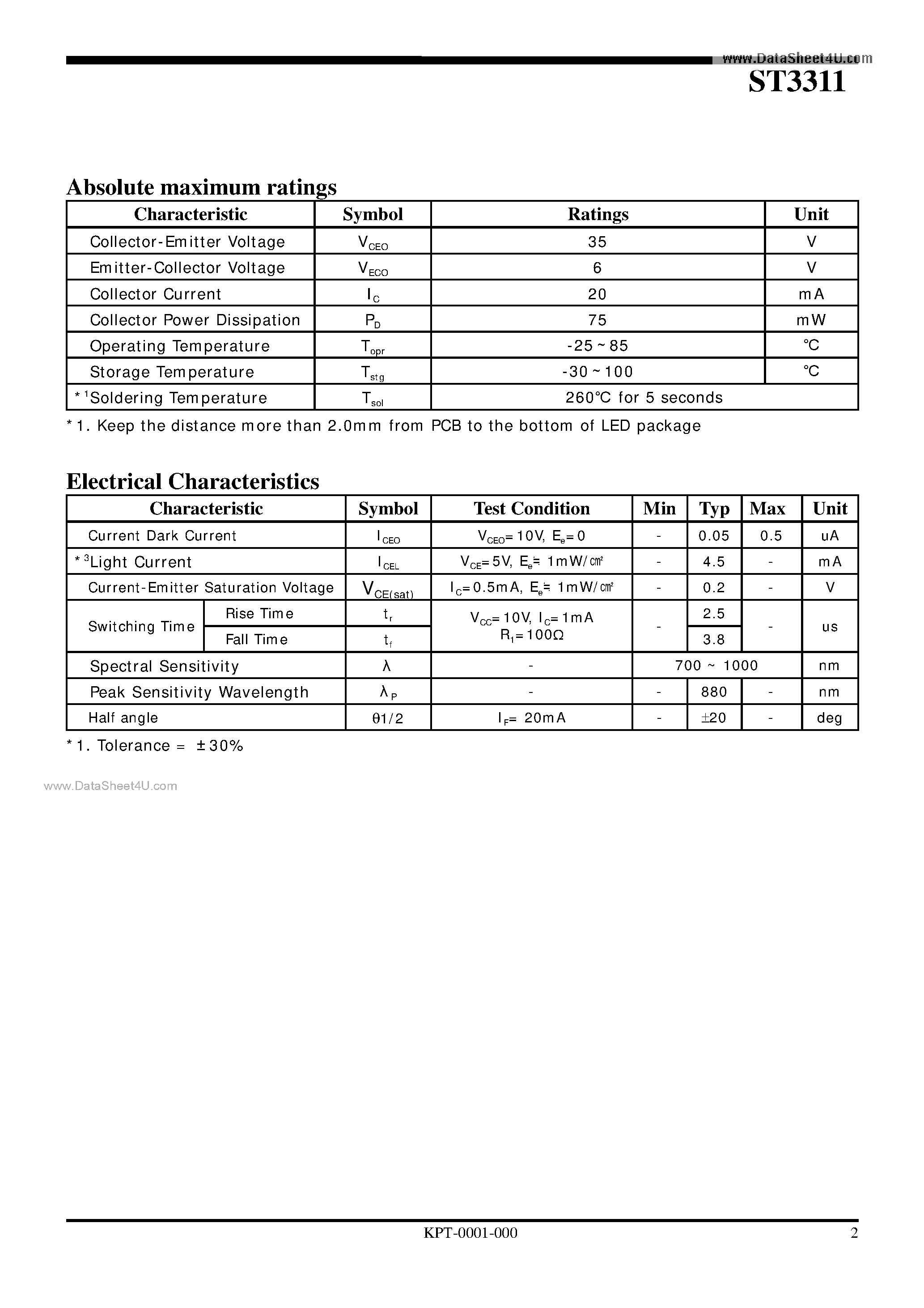 Datasheet ST3311 page 2 Datasheet ST3311 - Photo Transistor page 2